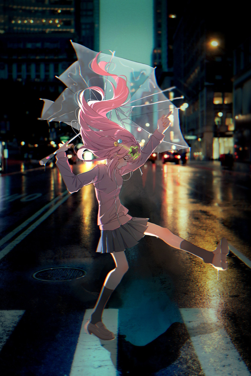 1girl absurdres bccommi black_socks blush bocchi_the_rock! brown_footwear building car cityscape closed_eyes commentary_request crosswalk eyewear_on_head floating_hair gotoh_hitori grey_skirt highres holding holding_umbrella jacket kneehighs long_hair long_sleeves motor_vehicle night one_side_up open_mouth outdoors photo_background pink_jacket pleated_skirt road shadow sidelocks skirt socks solo star-shaped_eyewear star_(symbol) sunglasses umbrella walking