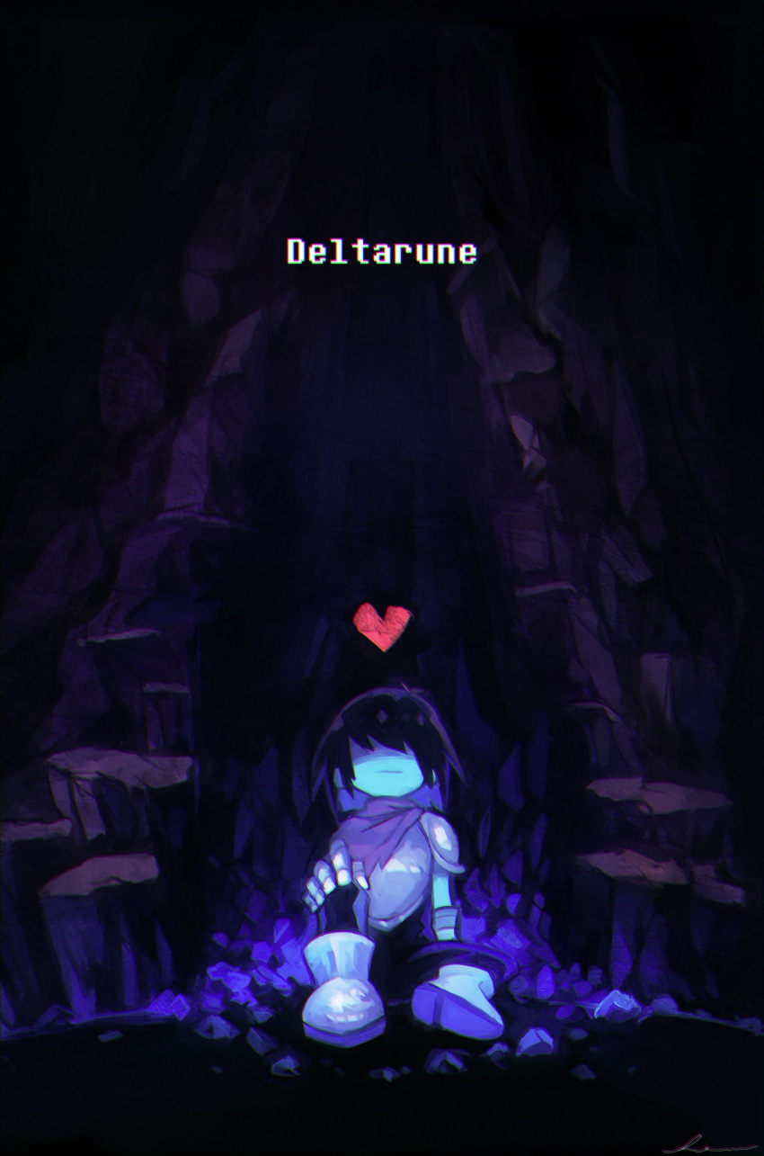 1other :| androgynous armor black_bodysuit blue_hair blue_skin bodysuit bodysuit_under_clothes breastplate cape cave_interior closed_mouth colored_skin copyright_name covered_eyes deltarune facing_viewer gauntlets greaves hand_on_own_knee heart highres hoshiakari_lenu knee_up kris_(deltarune) other_focus pauldrons pink_cape rock scenery shaded_face shards short_hair shoulder_armor sitting solo wide_shot