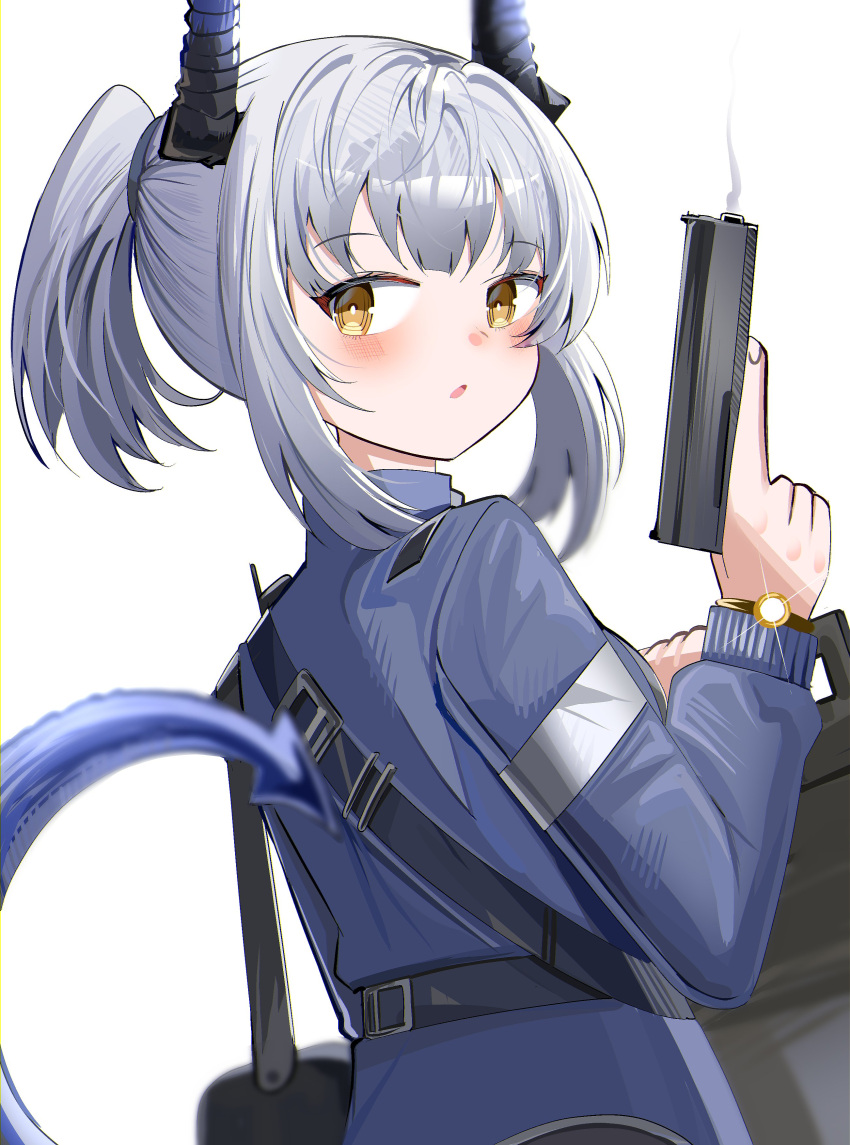1girl absurdres arknights blurry blurry_foreground blush brown_eyes commentary_request depth_of_field from_behind grey_hair grey_jacket gun handgun highres holding holding_gun holding_weapon horns jacket liskarm_(arknights) long_sleeves looking_at_viewer looking_back parted_lips ponytail puffy_long_sleeves puffy_sleeves riot_shield shield sidelocks simple_background smoke smoking_gun solo spam_(spamham4506) tail watch watch weapon white_background