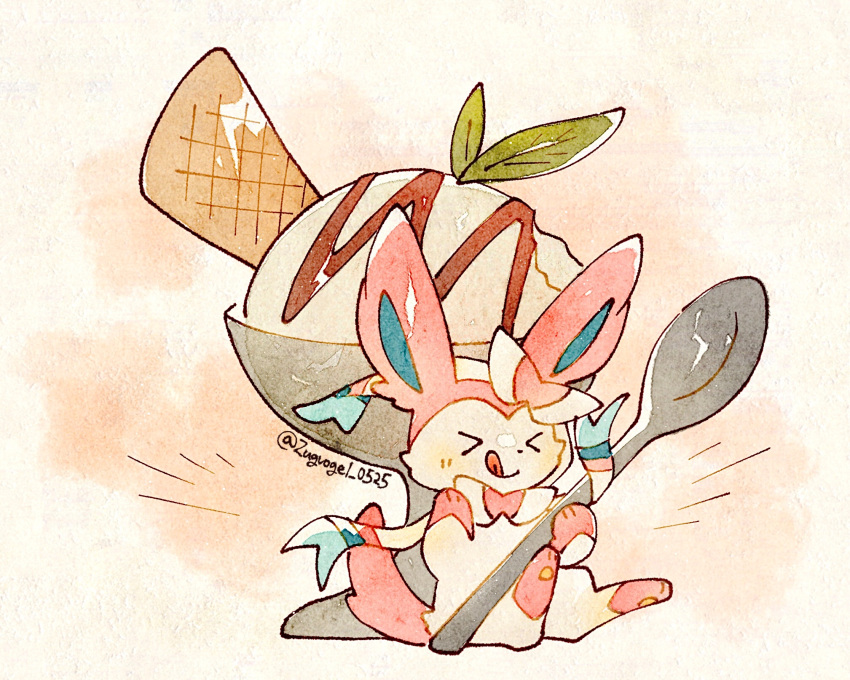 &gt;_&lt; :q artist_name blush brown_background chocolate_syrup closed_eyes closed_mouth commentary food hashtag_only_commentary highres holding holding_spoon ice_cream ice_cream_cone ice_cream_cup licking_lips mint no_humans notice_lines pokemon pokemon_(creature) simple_background sitting smile solo spoon sylveon tongue tongue_out twitter_username waffle_cone white_background zugvogel_0525