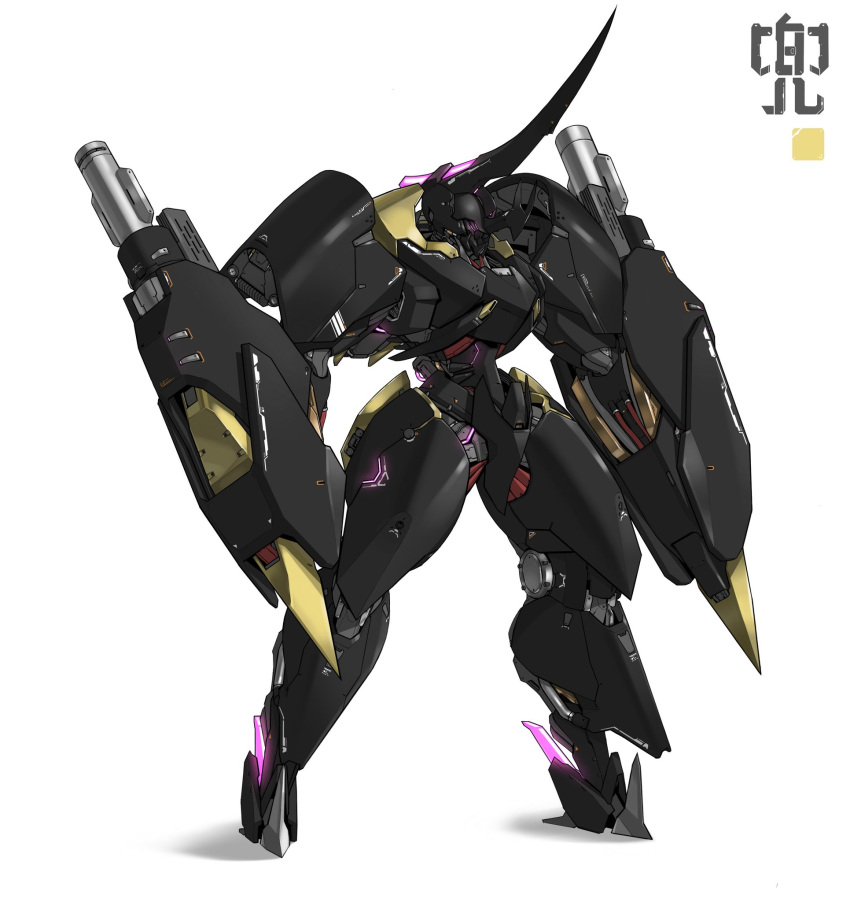 arms_at_sides ctpt9r extra_eyes full_body hercules_beetle highres horns legs_apart looking_ahead mecha mecha_focus mechanization no_humans original robot science_fiction shadow simple_background solo standing violet_eyes white_background