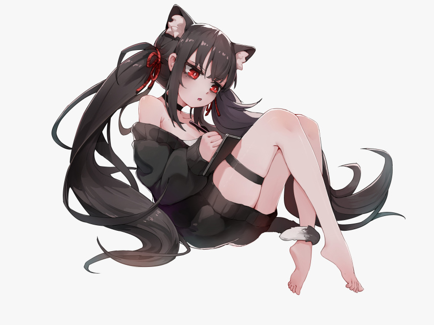 1girl absurdres animal_ear_fluff animal_ears bags_under_eyes black_choker black_hair cat_ears cat_girl cat_tail choker full_body highres red_eyes shouwang simple_background solo stylus sweater tablet_pc tail thigh_strap twintails white_background writing xingye