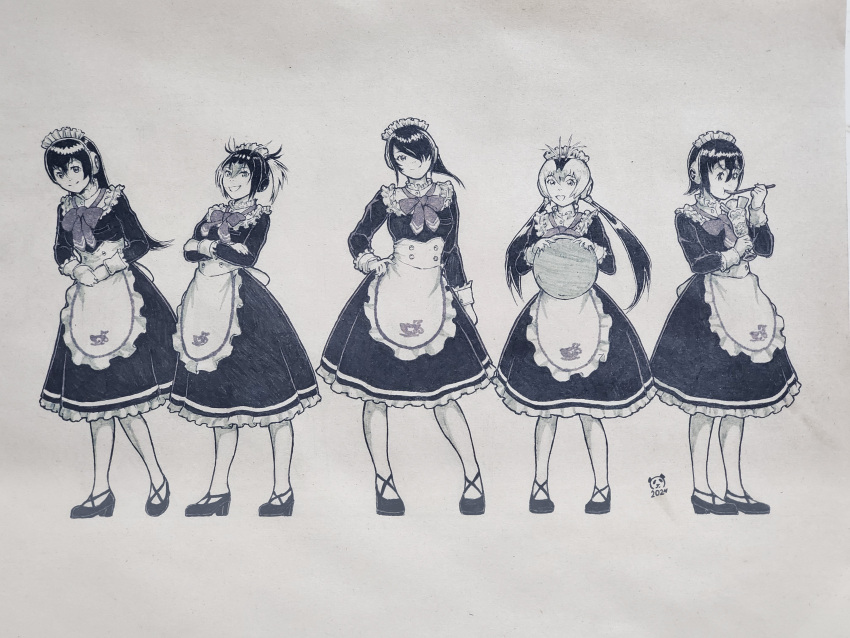5girls absurdres alternate_costume apron bow bowtie collar dress eating emperor_penguin_(kemono_friends) enmaided frilled_apron frilled_collar frilled_dress frills gentoo_penguin_(kemono_friends) hair_between_eyes hair_over_one_eye hand_on_hilt headphones high_collar highres humboldt_penguin_(kemono_friends) japari_symbol kemono_friends kemono_friends_3 long_hair long_sleeves maid maid_headdress matching_outfits monochrome multiple_girls official_alternate_costume pandacron parfait pen_(medium) penguin_girl penguins_performance_project_(kemono_friends) rockhopper_penguin_(kemono_friends) royal_penguin_(kemono_friends) short_hair short_twintails sidelocks sleeve_cuffs tray twintails