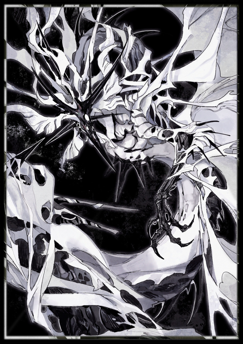 absurdres animal_focus black_background black_border border claws commentary deepsea9013 english_commentary extra_eyes from_side greyscale head_wings highres horns monochrome monster multiple_horns no_humans original simple_background solo spikes tail wings