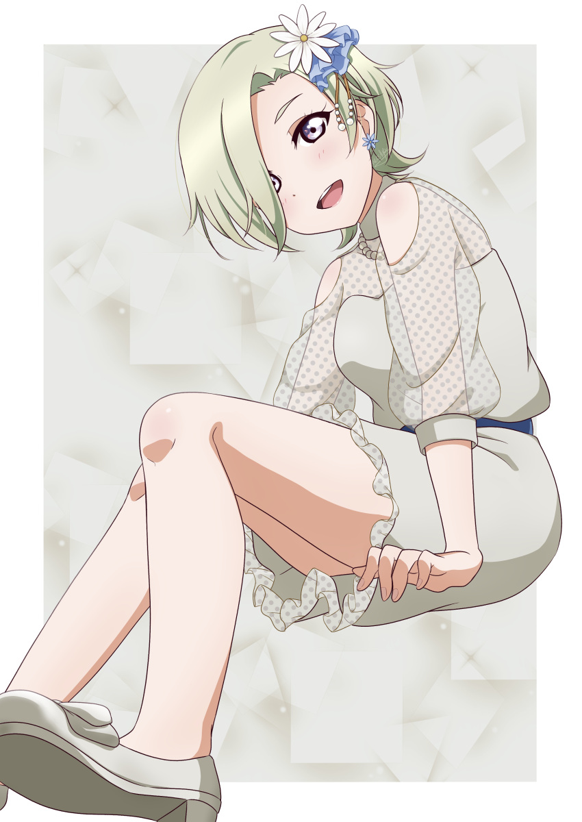 1girl absurdres asymmetrical_bangs bare_shoulders blonde_hair clothing_cutout dress flower green_eyes grey_dress hair_flower hair_ornament hair_over_one_eye highres invisible_chair looking_at_viewer love_live! love_live!_nijigasaki_high_school_idol_club mia_taylor neo_(neosky24) open_mouth see-through see-through_sleeves short_dress short_hair shoulder_cutout sitting sleeves_past_elbows solo