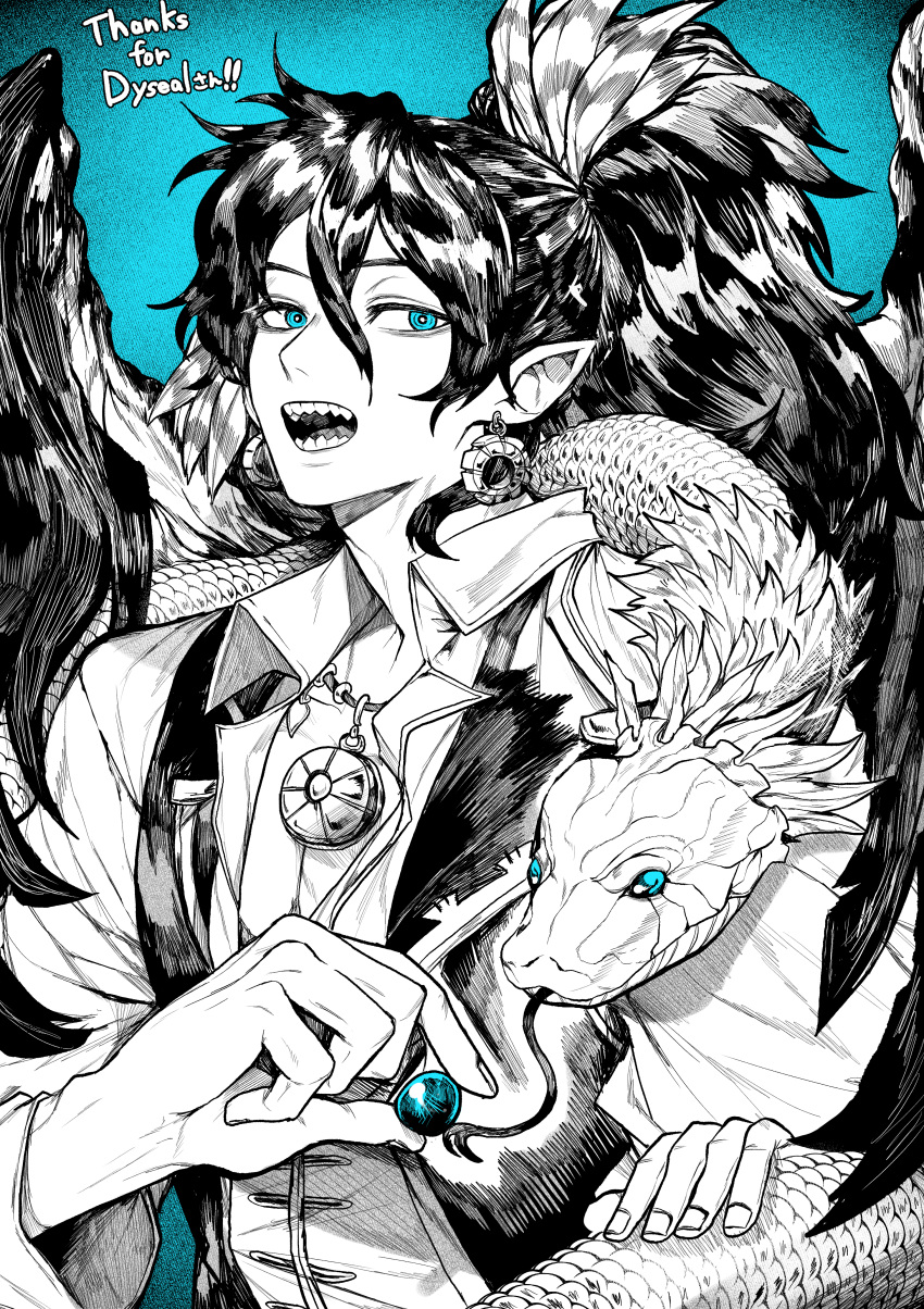 1boy absurdres blue_background blue_eyes collared_shirt commission earrings english_text forked_tongue greyscale_with_colored_background highres holding jewelry long_hair necklace open_clothes open_mouth open_shirt original pointy_ears ponytail sharp_teeth shirt skeb_commission snake solo teeth tongue vest yotsumi_shiro