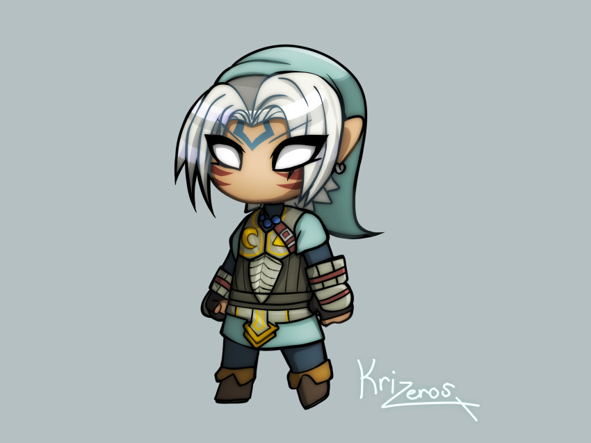 absurdres armor artist_name blue_gemstone chest_jewel chibi commentary crescent crossover earrings english_commentary facial_tattoo fierce_deity fingerless_gloves futurexhope gem gloves grey_background hat highres jewelry nintendo no_pupils pointy_ears short_hair standing tattoo the_legend_of_zelda the_legend_of_zelda:_majora's_mask triangle tunic white_eyes white_hair xenoblade_chronicles_(series) xenoblade_chronicles_3