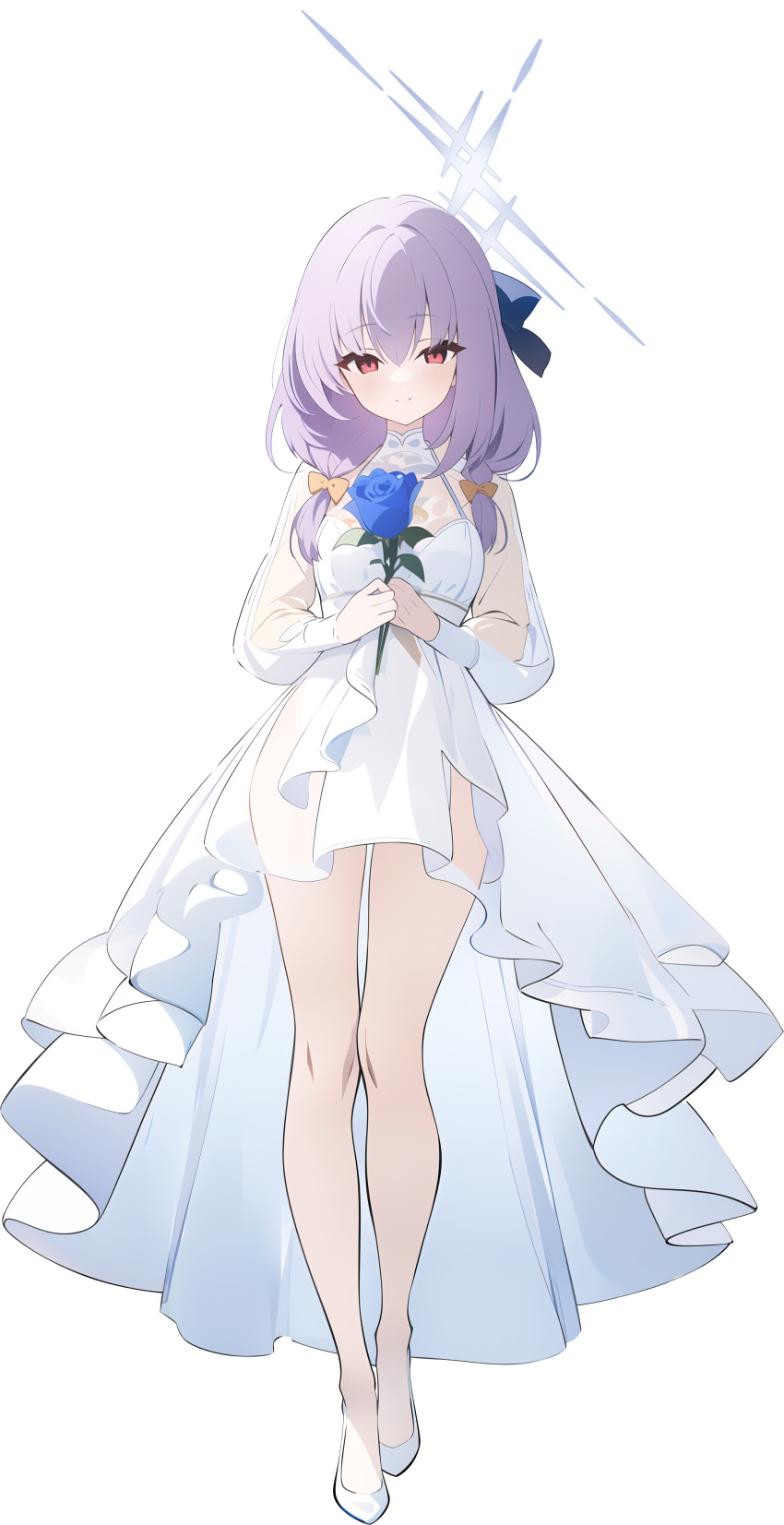1girl absurdres ai-generated atsuko_(blue_archive) blue_archive blue_flower blue_rose breasts dress emmeria flower full_body hair_ribbon halo highres looking_at_viewer purple_hair red_eyes ribbon rose small_breasts smile white_dress white_footwear