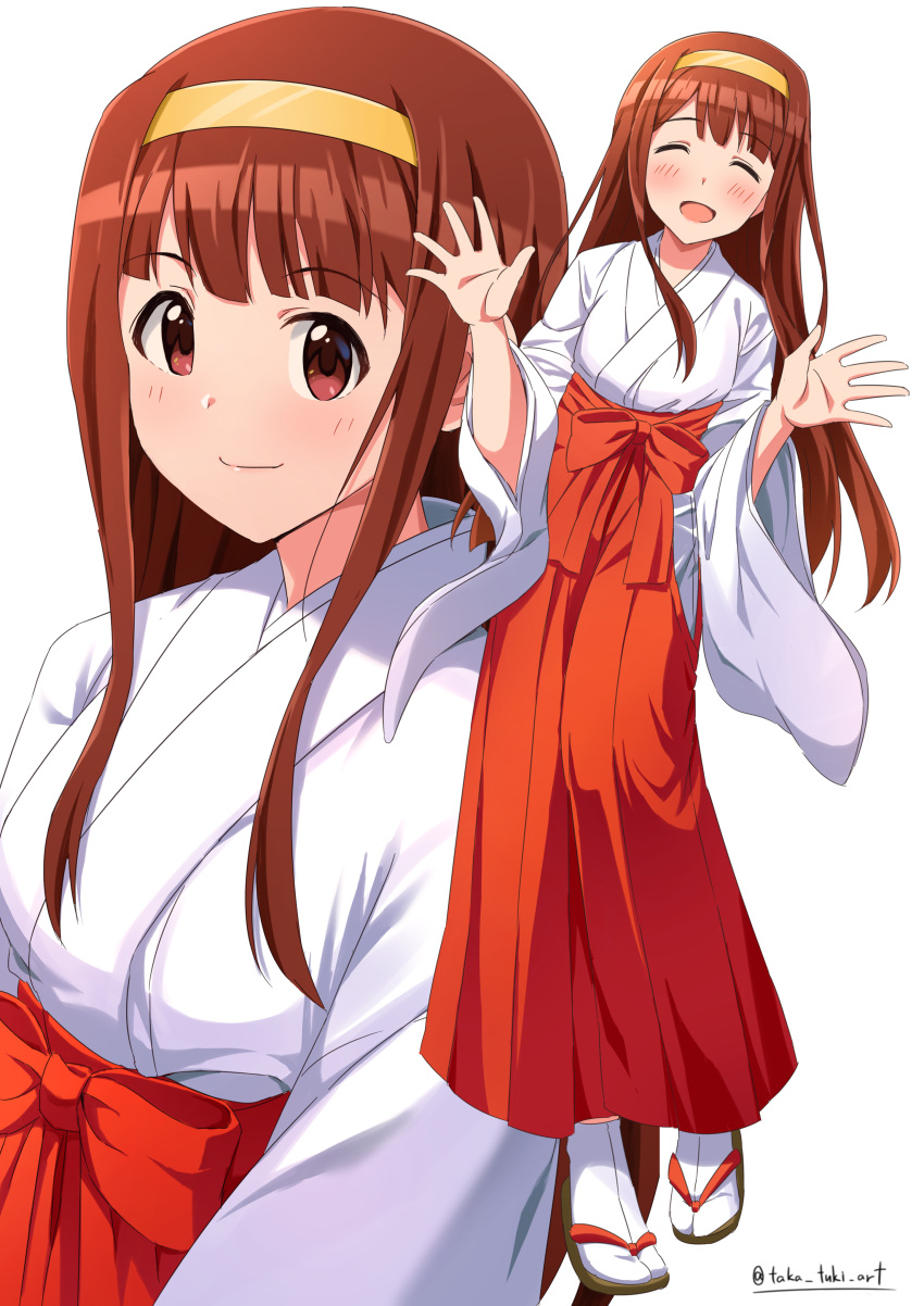 1girl absurdres blush brown_eyes brown_hair closed_mouth full_body geta hairband hands_up highres idolmaster idolmaster_million_live! idolmaster_million_live!_theater_days japanese_clothes kimono long_hair long_skirt looking_at_viewer miko multiple_views open_hands open_mouth red_skirt sidelocks simple_background skirt smile socks standing tabi takatsuki_p tanaka_kotoha twitter_username white_background white_kimono white_socks yellow_hairband