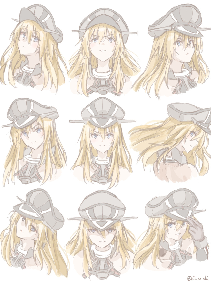 1girl absurdres atodashi bare_shoulders bismarck_(kancolle) black_gloves black_headwear blonde_hair blue_eyes cropped_shoulders gloves hair_between_eyes hand_on_headwear hat highres kantai_collection long_hair military_hat multiple_views parted_lips peaked_cap simple_background smile twitter_username upper_body white_background