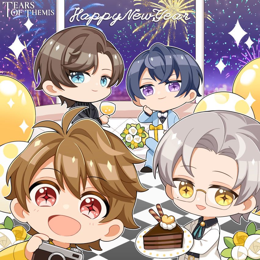 +_+ 4boys :d alcohol artem_wing_(tears_of_themis) balloon black_jacket black_shirt blue_eyes blue_jacket blue_pants bow bowtie brown_eyes brown_hair cake cake_slice camera chibi closed_mouth copyright_name couch cup drinking_glass english_commentary english_text fireworks flower food formal gift glasses grey_hair happy_new_year highres holding holding_camera holding_cup holding_plate jacket long_sleeves looking_at_viewer luke_pearce_(tears_of_themis) male_focus marius_von_hagen_(tears_of_themis) mole mole_under_eye multiple_boys night night_sky official_art pants plate purple_hair semi-rimless_eyewear shirt short_hair sitting sky smile tears_of_themis tile_floor tiles violet_eyes vyn_richter_(tears_of_themis) white_bow white_bowtie white_flower white_jacket white_shirt wine wine_glass yellow_eyes yellow_flower