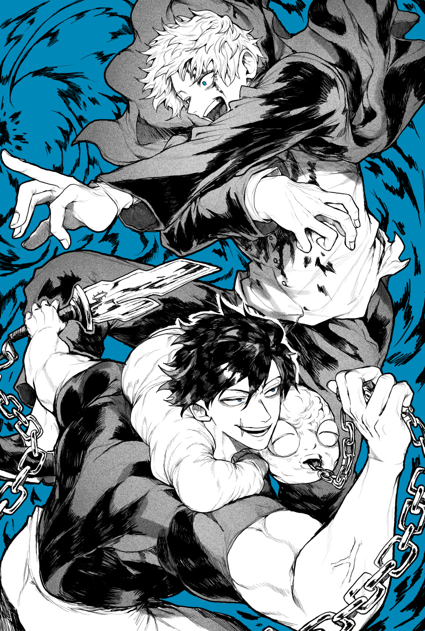 2boys absurdres battle biceps black_shirt blood blood_on_clothes blood_on_face blue_background blue_eyes chain compression_shirt fushiguro_touji gojou_satoru greyscale greyscale_with_colored_background highres holding holding_weapon jacket jujutsu_kaisen monochrome multiple_boys muscular muscular_male scar scar_on_face scar_on_mouth shirt short_hair spot_color weapon white_shirt yotsumi_shiro