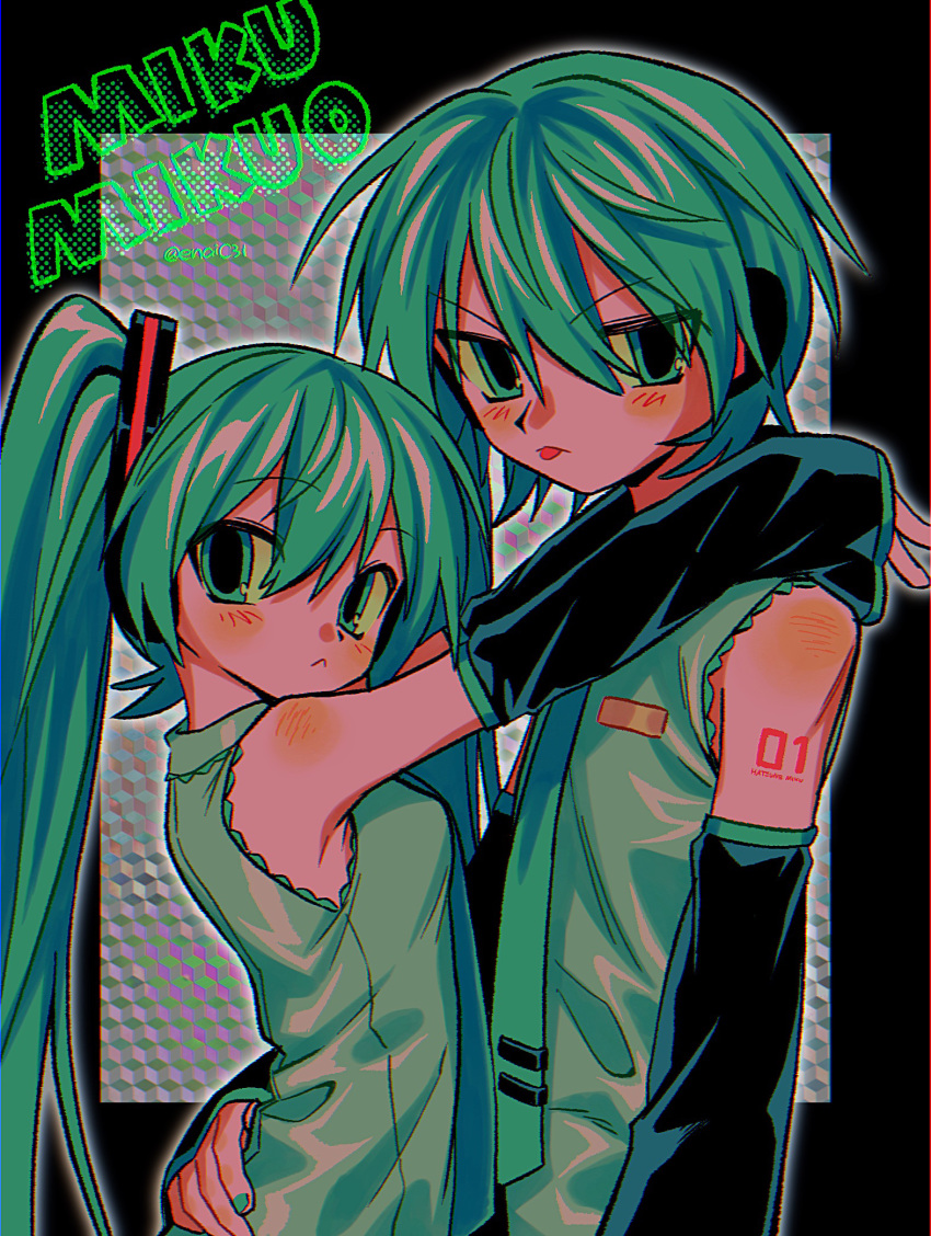 1990s_(style) 1boy 1girl aqua_eyes aqua_hair aqua_nails aqua_necktie aqua_trim arm_at_side arm_tattoo bare_shoulders black_headphones black_sleeves blush breasts character_name closed_mouth detached_sleeves dual_persona genderswap genderswap_(ftm) grey_shirt hair_between_eyes hair_ornament hand_on_another's_waist hands_on_another's_shoulders hatsune_miku hatsune_mikuo headphones highres long_hair looking_at_viewer menma_(enaic31) nail_polish necktie number_tattoo outline retro_artstyle shirt short_hair sleeveless sleeveless_shirt small_breasts tattoo tongue tongue_out twintails v-shaped_eyebrows vocaloid white_outline