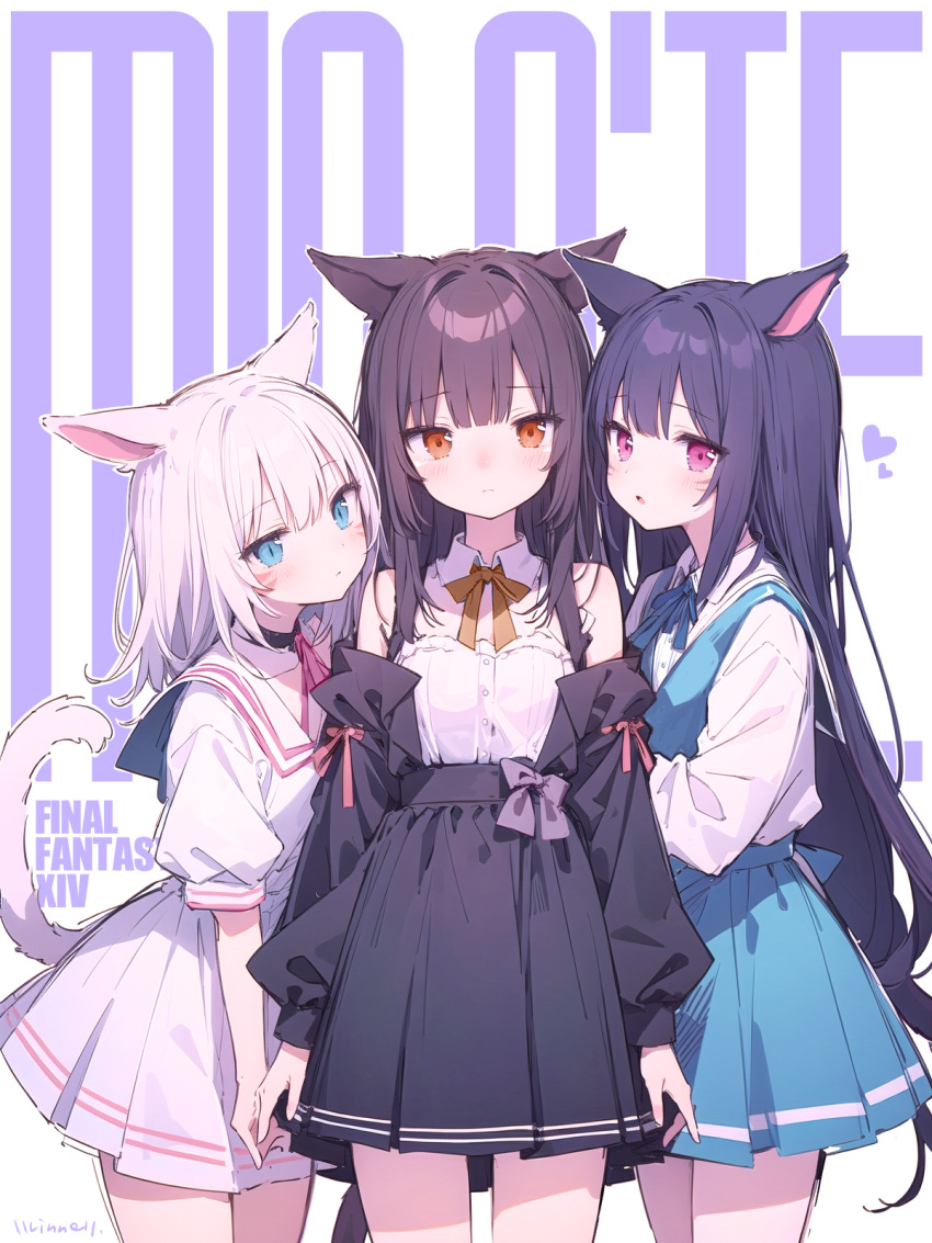 3girls :o ai-generated animal_ears bare_shoulders black_hair blue_eyes blush bow breasts brown_eyes character_request closed_mouth eyebrows_hidden_by_hair final_fantasy final_fantasy_xiv highres llrinnell long_sleeves looking_at_viewer miqo'te multiple_girls open_mouth pleated_skirt sailor_collar school_uniform short_hair skirt small_breasts tail upper_body violet_eyes warrior_of_light_(ff14) white_hair