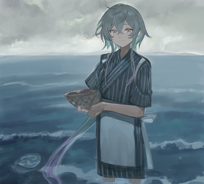 1boy apron arknights basket blue_hair blue_theme clouds cloudy_sky hands_up highres holding holding_basket japanese_clothes jellyfish looking_at_viewer male_focus mizuki_(arknights) muted_color ocean otoko_no_ko pink_eyes ribbon short_hair_with_long_locks sky smile solo wading waist_apron waves yomotobi