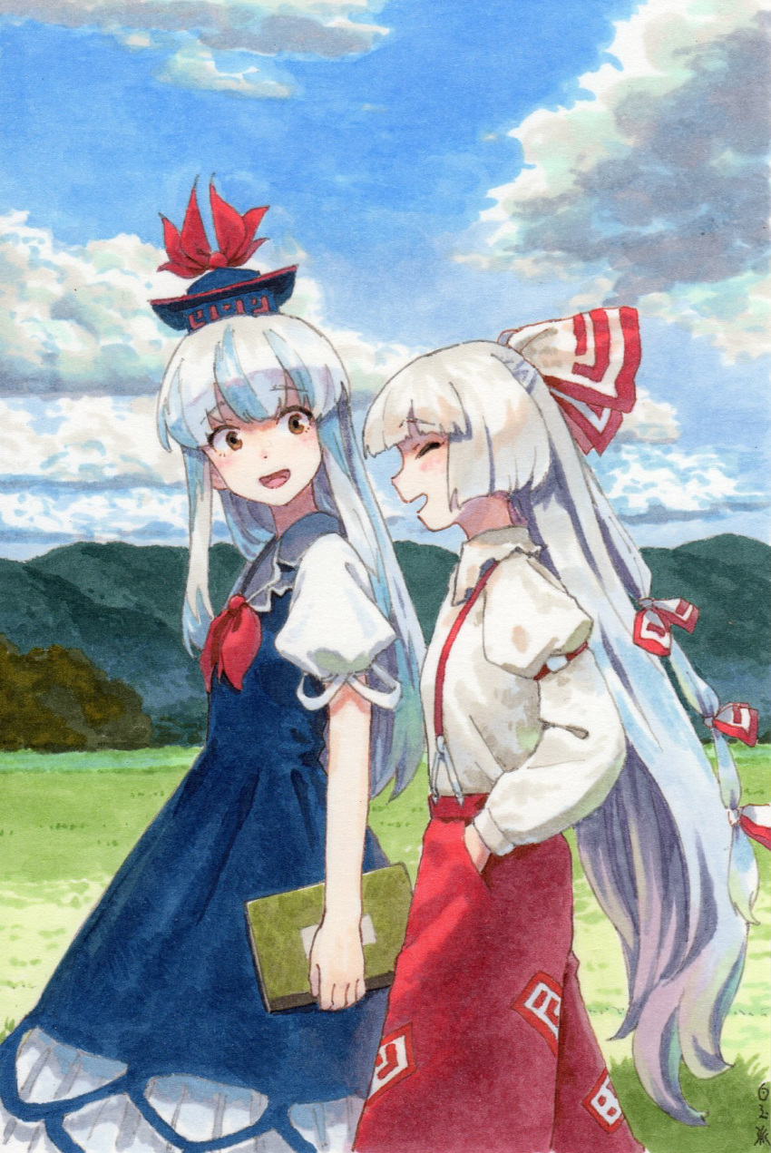 2girls :d blue_dress blue_hair blue_headwear blue_sky book bow brown_eyes closed_eyes clouds collared_shirt commentary_request dress fujiwara_no_mokou grass hair_bow hand_in_pocket highres holding holding_book juliet_sleeves kamishirasawa_keine light_blue_hair long_hair long_sleeves looking_at_another marker_(medium) mountainous_horizon multiple_girls neckerchief ofuda ofuda_on_clothes open_mouth outdoors pants puffy_sleeves red_bow red_neckerchief red_pants shiratama_(hockey) shirt sky smile suspenders touhou traditional_media two-tone_bow very_long_hair white_bow white_hair white_shirt