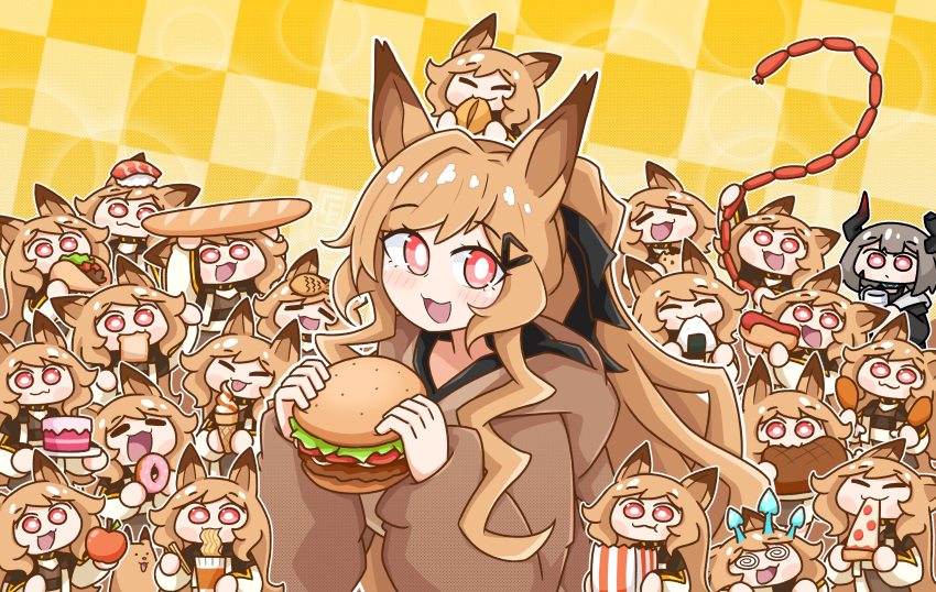 6+girls :3 :d @_@ absurdres animal animal_ears animalization apple arknights arms_up baguette black_jacket boned_meat bread bread_slice brown_hair brown_hoodie burger cake ceobe_(arknights) character_request checkered_background chibi chicken_leg chocolate_chip_cookie chopsticks closed_eyes closed_mouth commentary cookie cup disposable_cup dog dog_ears doughnut english_commentary fish_(food) food food_on_head fruit grey_hair highres holding holding_chopsticks holding_cup holding_food hood hood_down hoodie horns hot_dog ice_cream ice_cream_cone jacket long_sleeves meat multiple_girls multiple_persona mumei518 mushroom nigirizushi object_on_head on_head onigiri pizza pizza_slice puffy_long_sleeves puffy_sleeves ramen red_apple red_eyes sausage smile soft_serve sushi taco taiyaki wagashi white_jacket