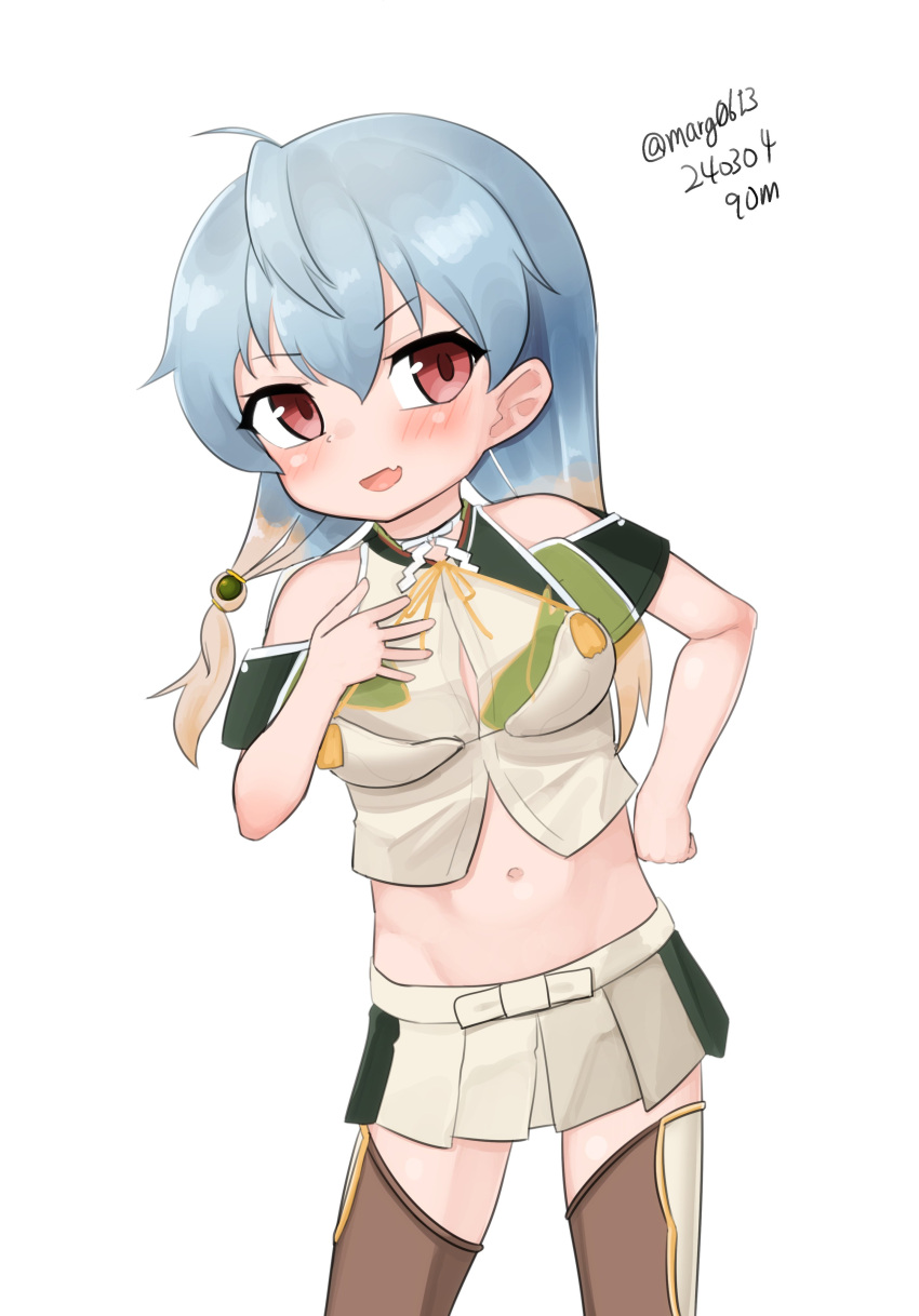 1girl absurdres ahoge blonde_hair blue_hair brown_thighhighs commentary_request cosplay cowboy_shot crop_top gradient_hair hand_on_own_chest highres kantai_collection long_hair maru_(marg0613) midriff multicolored_hair one-hour_drawing_challenge pleated_skirt red_eyes sado_(kancolle) shirt simple_background skirt solo thigh-highs unryuu_(kancolle) unryuu_(kancolle)_(cosplay) white_background white_shirt white_skirt