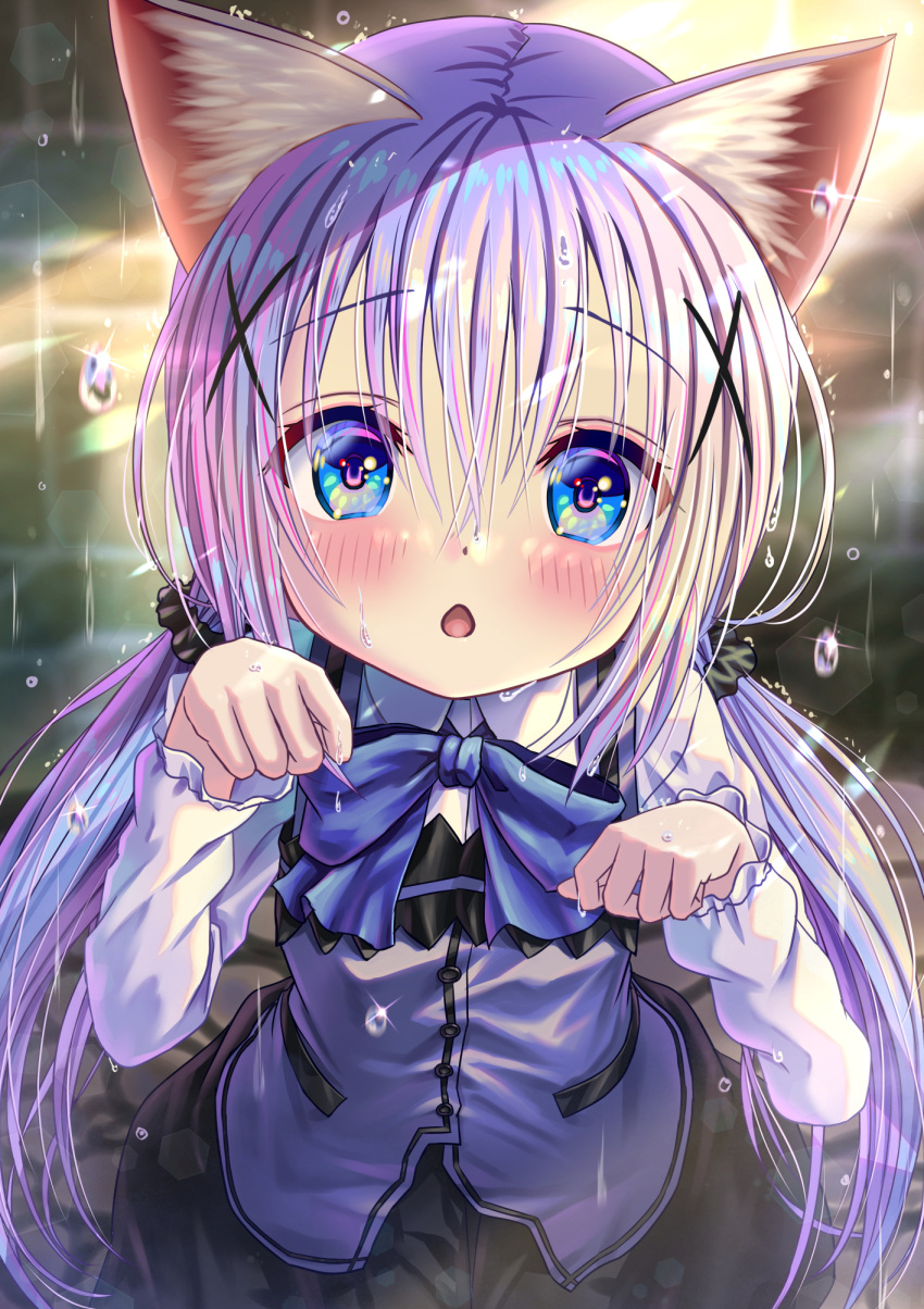 1girl animal_ear_fluff animal_ears black_scrunchie black_skirt blue_bow blue_hair blue_vest blurry blurry_background blush bow cat_ears chestnut_mouth collared_shirt commentary_request eyes_visible_through_hair gochuumon_wa_usagi_desu_ka? hair_between_eyes hair_ornament hair_scrunchie hands_up highres kafuu_chino kemonomimi_mode long_hair long_sleeves looking_at_viewer low_twintails open_mouth outdoors paw_pose rabbit_house_uniform rain rouge_(my_rouge) scrunchie shirt skirt solo sparkle tareme twintails vest waitress water_drop wet wet_hair white_shirt x_hair_ornament