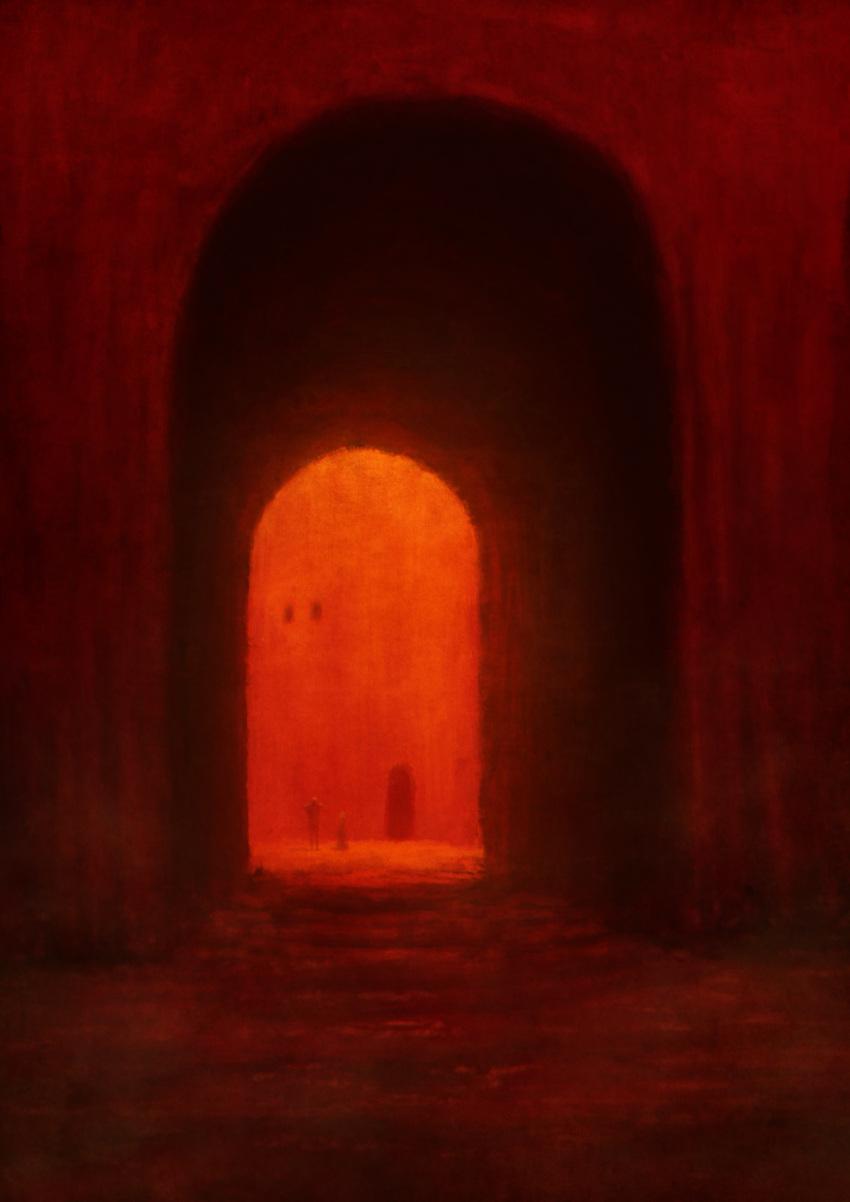 2others absurdres commentary dated_commentary guru hallway highres multiple_others original red_theme scenery
