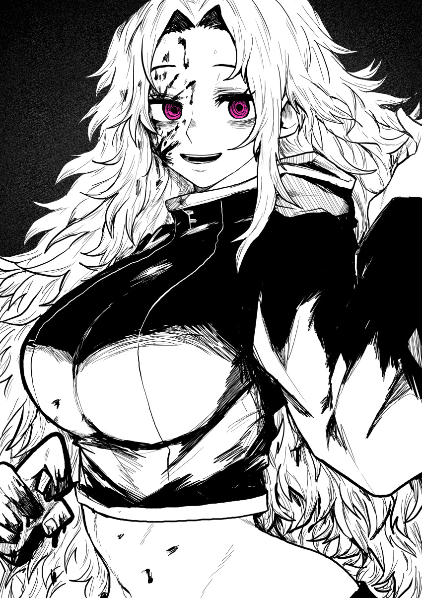 1girl absurdres black_background blood blood_on_body blood_on_clothes blood_on_face blood_splatter breasts crop_top hand_up high_collar highres long_hair long_sleeves looking_at_viewer medium_breasts midriff monochrome open_mouth original ringed_eyes simple_background solo spot_color teeth violet_eyes yotsumi_shiro