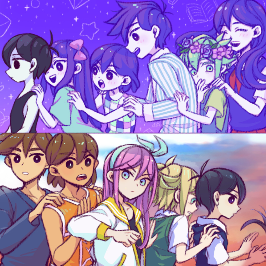 4girls 6+boys antenna_hair aqua_eyes aqua_hairband aqua_shirt arms_at_sides aubrey_(faraway)_(omori) aubrey_(headspace)_(omori) aubrey_(omori) bare_shoulders basil_(faraway)_(omori) basil_(headspace)_(omori) basil_(omori) black_eyes black_hair black_shirt black_sweater_vest black_tank_top blonde_hair blue_overalls blue_pajamas blue_shirt blush bow bright_pupils brother_and_sister brothers brown_hair checkered_clothes checkered_shirt closed_eyes closed_mouth clouds collarbone collared_shirt colored_eyelashes colored_skin covering_own_mouth dual_persona expressionless green_eyes green_hair green_shirt green_sweater_vest hair_behind_ear hair_between_eyes hair_bow hairband hand_on_another's_arm hand_on_another's_back hand_on_another's_shoulder hand_on_own_face hands_on_another's_shoulders head_wreath hero_(faraway)_(omori) hero_(headspace)_(omori) hero_(omori) highres jacket kel_(faraway)_(omori) kel_(headspace)_(omori) kel_(omori) laser-lance long_hair long_sleeves looking_at_another looking_at_viewer mari_(faraway)_(omori) mari_(headspace)_(omori) mari_(omori) multiple_boys multiple_girls neckerchief no_pupils omori omori_(omori) open_clothes open_jacket open_mouth orange_tank_top outdoors overalls pajamas parted_lips pink_bow purple_hair purple_sky purple_sweater_vest red_neckerchief red_skirt sailor_collar shirt short_hair short_sleeves siblings skirt sky sleeveless spoilers star_(sky) striped_clothes striped_shirt sunny_(omori) sunset sweater_vest tan tank_top teeth upper_teeth_only v-neck v-shaped_eyebrows vertical-striped_clothes vertical-striped_pajamas vertical-striped_shirt violet_eyes white_pajamas white_pupils white_shirt white_skin white_trim yellow_sailor_collar