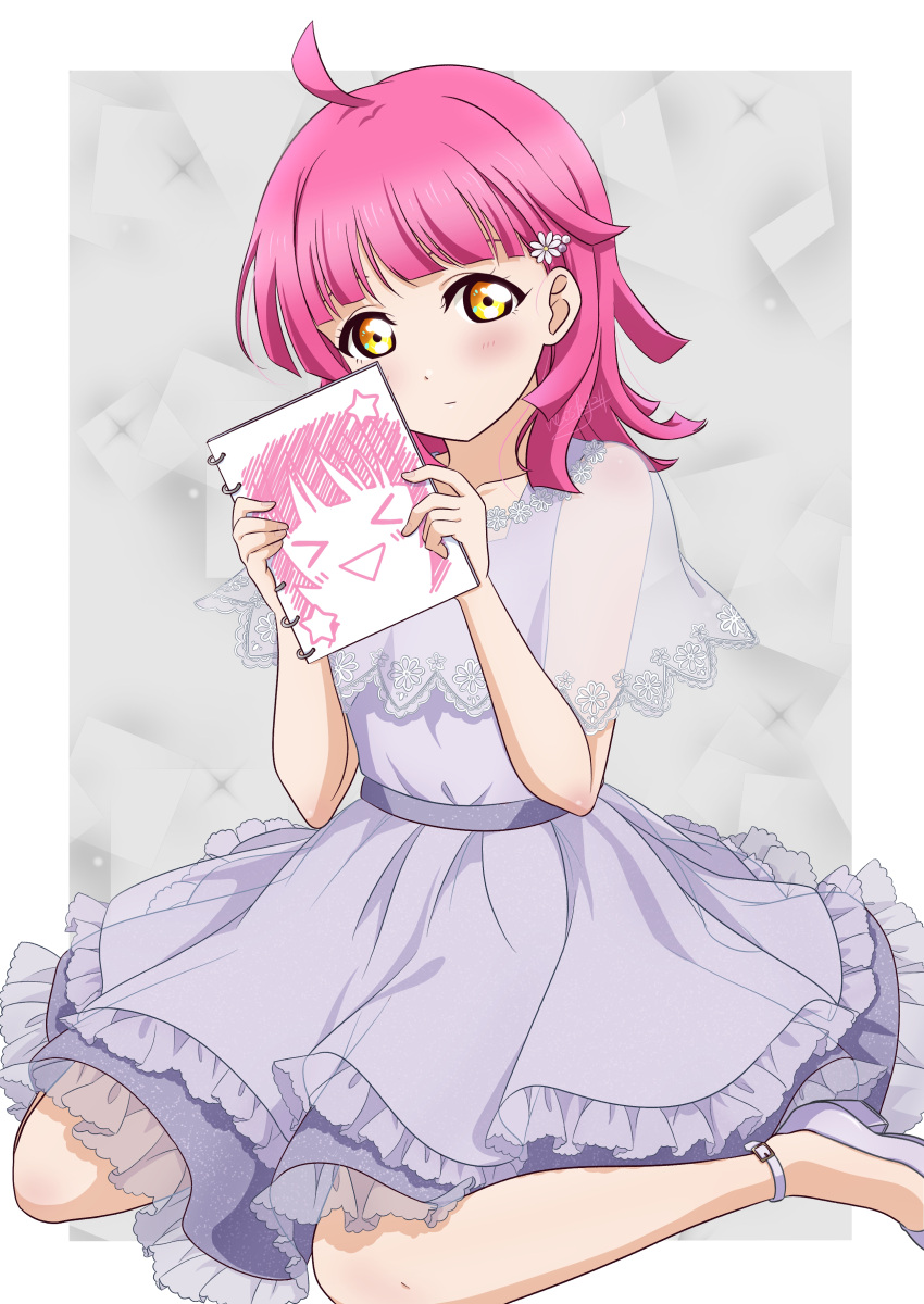 1girl absurdres ahoge alternate_costume blunt_bangs blunt_ends blush commentary_request drawing_(object) dress evening_gown expressionless flipped_hair flower frilled_dress frills full_body hair_flower hair_ornament hairclip highres holding holding_sketchbook looking_at_viewer love_live! love_live!_nijigasaki_high_school_idol_club medium_dress medium_hair neo_(neosky24) pink_hair purple_dress rina-chan_board see-through_capelet see-through_dress_layer sitting sketchbook sleeveless sleeveless_dress solo strappy_heels tennoji_rina wariza yellow_eyes