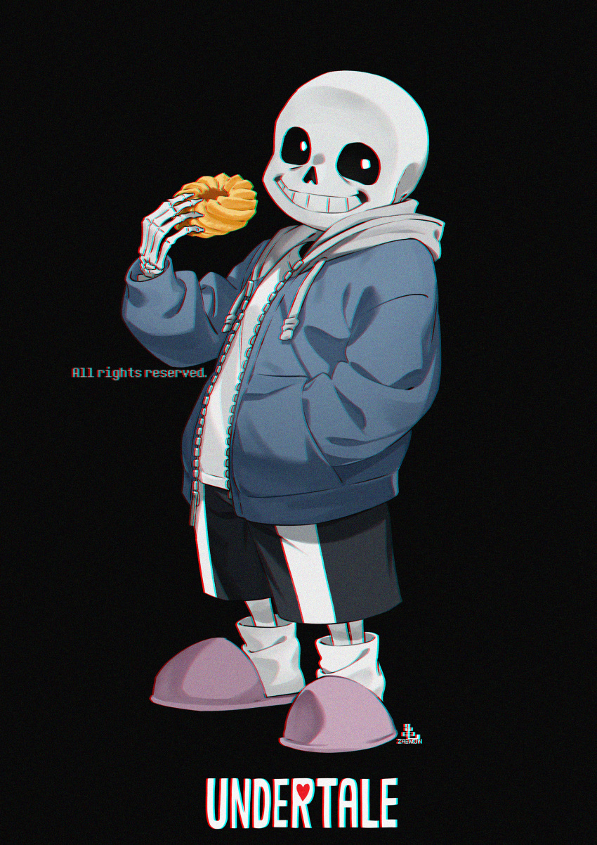 1boy black_sclera black_shorts blue_jacket cel_shading chromatic_aberration colored_sclera copyright_name copyright_notice drawstring film_grain food from_side full_body grin hand_in_pocket hand_up highres holding holding_food hood hood_down hooded_jacket jacket kamezaemon looking_at_viewer male_focus open_clothes open_jacket pink_footwear sans shirt shorts skeleton slippers smile socks solo standing undertale white_eyes white_shirt white_socks zipper