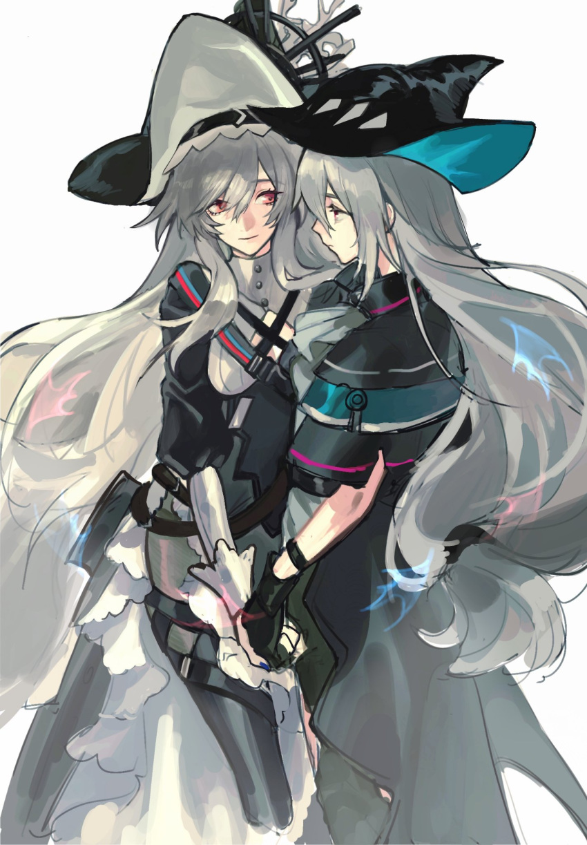 2girls arknights ascot black_dress black_headwear dress grey_ascot grey_hair habit highres long_hair looking_at_another mie_xing multiple_girls nun pantyhose pointy_hat shark skadi_(arknights) specter_(arknights) thigh-highs thighhighs_over_pantyhose very_long_hair