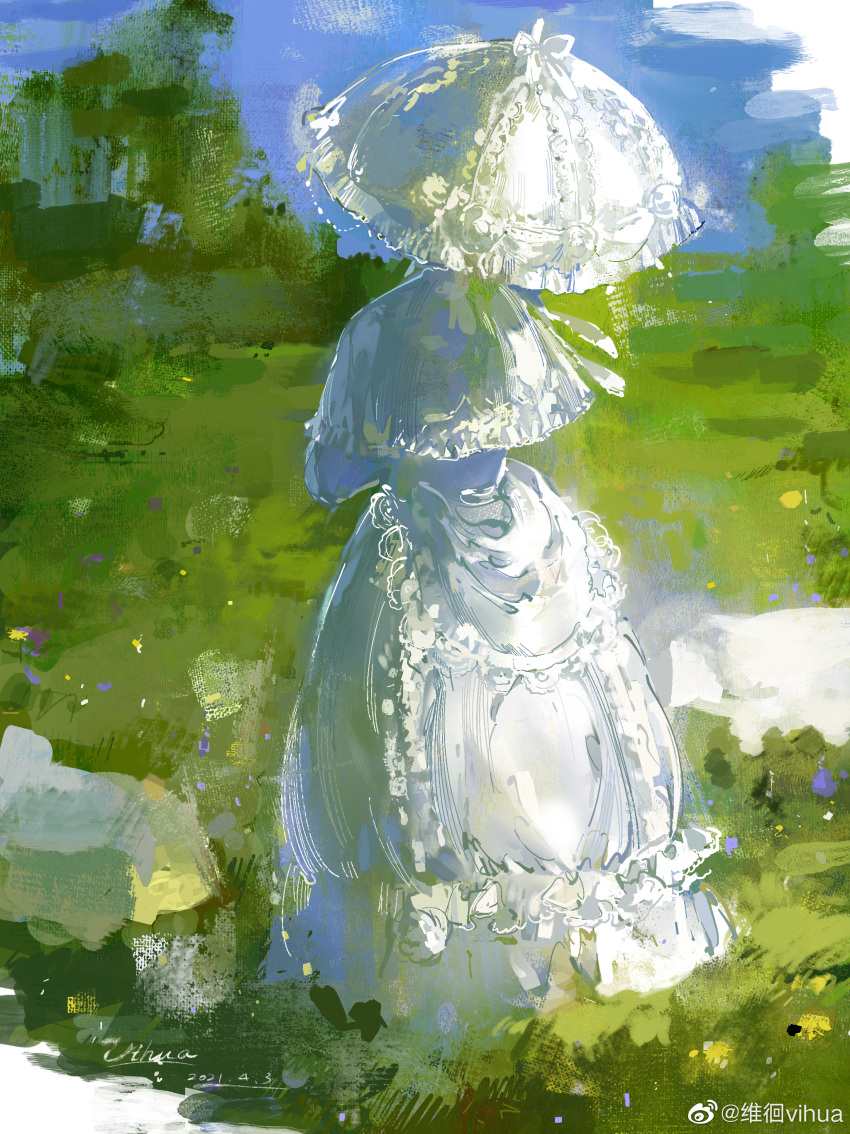 1girl absurdres artist_name blue_sky capelet chinese_commentary commentary_request dated day dress faux_traditional_media frilled_dress frilled_umbrella frills from_behind full_body grass highres holding holding_umbrella lace-trimmed_dress lace_trim long_dress oil_painting_(medium) original outdoors painting_(medium) parasol sky solo traditional_media tree umbrella vihua6 watermark weibo_logo weibo_username white_capelet white_dress white_umbrella