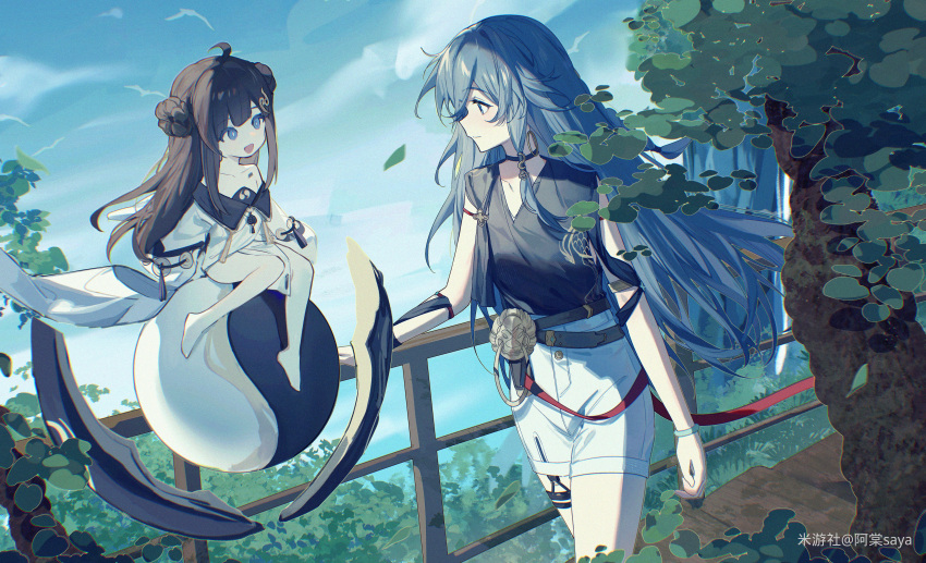 2girls absurdres ahoge artist_name bare_shoulders barefoot belt black_choker black_shirt blue_eyes blue_hair blue_sky book_of_fuxi bracelet breasts brown_hair chinese_clothes chinese_text choker clothing_cutout double_bun dragon_print dress fence fu_hua fu_hua_(night_squire) fu_hua_(rustic_noir) grey_hair hair_between_eyes hair_bun highres honkai_(series) honkai_impact_3rd jewelry long_hair looking_at_another low-cut_armhole multiple_belts multiple_girls official_alternate_costume orb outdoors red_rope rope saya_atang shirt shorts side_cutout simplified_chinese_text sitting sky sleeveless sleeveless_shirt small_breasts smile standing thighs tree upper_body white_dress white_shorts yellow_belt yin_yang yin_yang_orb