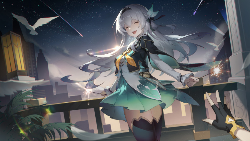 1boy 1girl absurdres aqua_skirt bird black_hairband black_jacket black_thighhighs caelus_(honkai:_star_rail) chinese_commentary cityscape closed_eyes commentary_request cropped_jacket dove facing_viewer firefly_(honkai:_star_rail) gold_trim hairband highres holding_fireworks honkai:_star_rail honkai_(series) jacket long_hair madao open_mouth pleated_skirt pov pov_hands shirt skirt sky smile solo_focus star_(sky) starry_sky thigh-highs trailblazer_(honkai:_star_rail) twilight two_side_up white_hair white_shirt