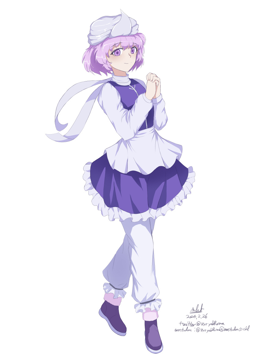1girl absurdres adapted_costume apron blue_skirt blue_vest closed_mouth flat_chest frilled_skirt frills full_body fur-trimmed_footwear fur_trim highres letty_whiterock loafers long_sleeves puffy_sleeves purple_footwear purple_hair scarf shirt shoes short_hair simple_background skirt smile standing touhou triangular_headpiece vest violet_eyes waist_apron white_apron white_background white_headwear white_scarf white_shirt zyryab