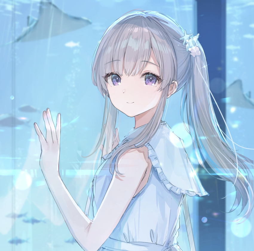 1girl absurdres aquarium bare_arms blue_dress breasts commentary_request dress fish grey_hair highres idolmaster idolmaster_shiny_colors looking_at_viewer looking_to_the_side mochitsuki_usa ponytail sidelocks sleeveless sleeveless_dress small_breasts twintails upper_body violet_eyes yukoku_kiriko