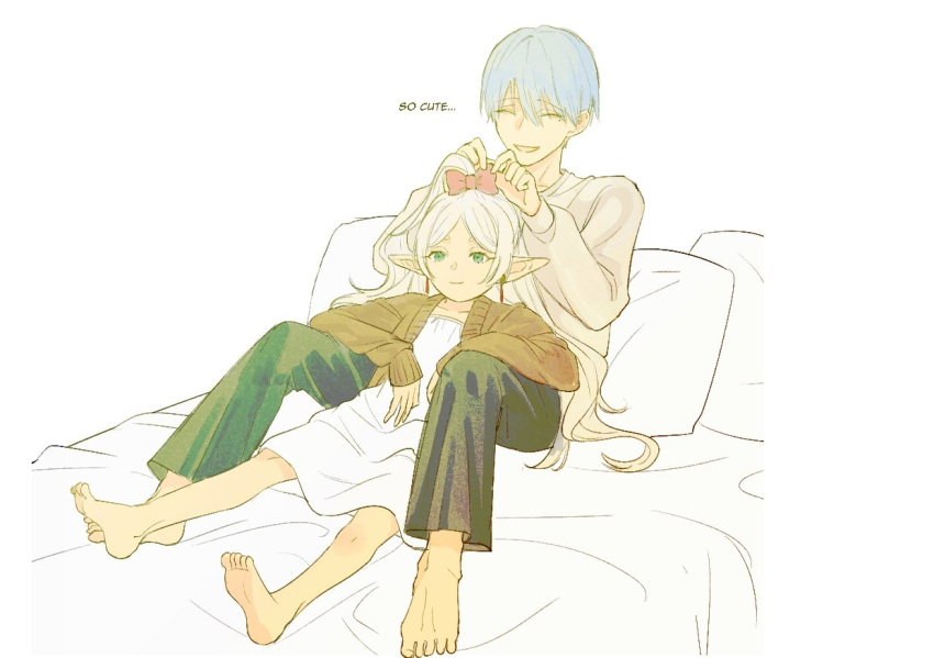 1boy 1girl barefoot between_legs black_pants blue_hair bow brown_cardigan cardigan chamwa closed_eyes closed_mouth commentary dress earrings elf english_text frieren green_eyes hair_bow hetero himmel_(sousou_no_frieren) jewelry mole mole_under_eye on_bed pants parted_lips pillow pink_bow pointy_ears reclining short_hair simple_background smile sousou_no_frieren sweater symbol-only_commentary tying_another's_hair white_background white_dress white_sweater