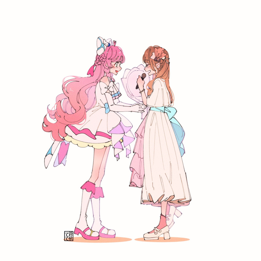 2girls aoi_tete artist_logo ascot boots bouquet bow braid brown_hair closed_eyes commentary cure_prism dress elbow_gloves french_braid from_side giving gloves green_eyes hair_bow hair_ornament happy_tears highres hirogaru_sky!_precure holding holding_bouquet holding_microphone kakuma_ai knee_boots layered_dress long_dress long_hair looking_at_another magical_girl microphone mole mole_under_eye multiple_girls nijigaoka_mashiro open_mouth pink_hair precure real_life short_dress short_sleeves side_braids simple_background sleeveless sleeveless_dress smile standing tearing_up tears very_long_hair voice_actor_connection white_ascot white_background white_bow white_dress white_gloves