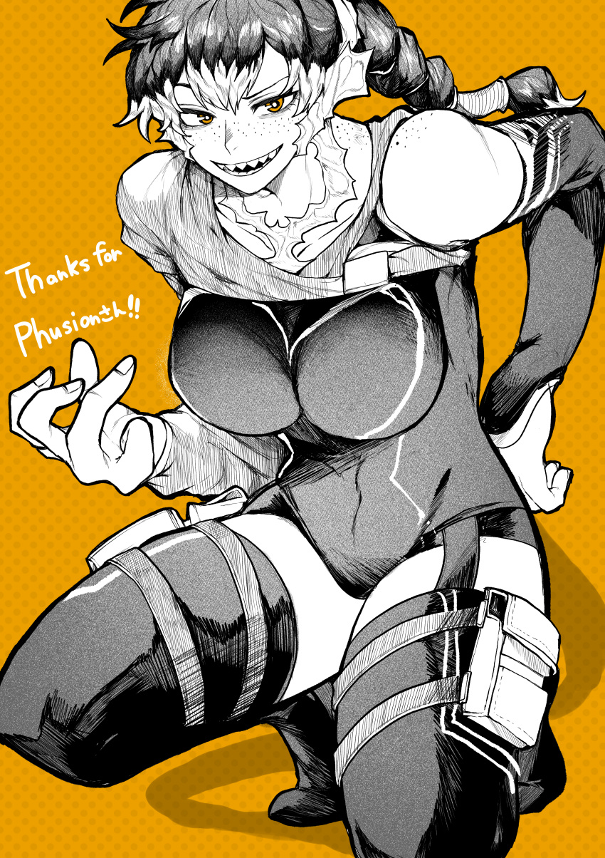 1girl absurdres body_freckles boots breasts commission detached_sleeves freckles greyscale highres large_breasts leotard long_hair monochrome orange_background orange_eyes original patterned_background ponytail sharp_teeth skeb_commission solo spot_color squatting teeth thigh_boots yotsumi_shiro