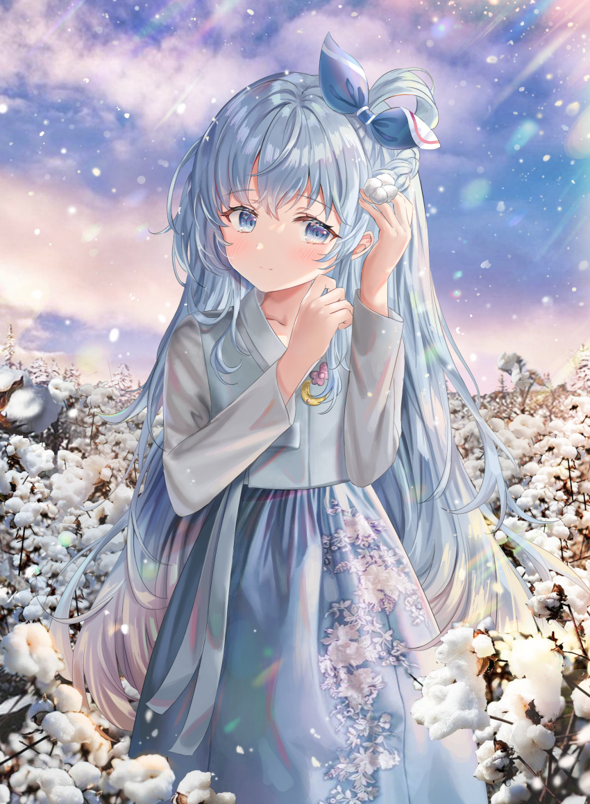 1girl absurdres arme_(cgsy7484) blue_eyes blue_hair blue_jacket blue_ribbon blue_skirt blush braid brooch closed_mouth commission cotton_(plant) crescent_brooch day floral_print grey_vest hair_between_eyes hair_ribbon hanbok hands_up highres jacket jewelry korean_clothes korean_commentary light_smile long_hair long_sleeves looking_to_the_side original outdoors print_skirt ribbon second-party_source single_hair_ring skirt solo very_long_hair vest yuksi_(yuksi)
