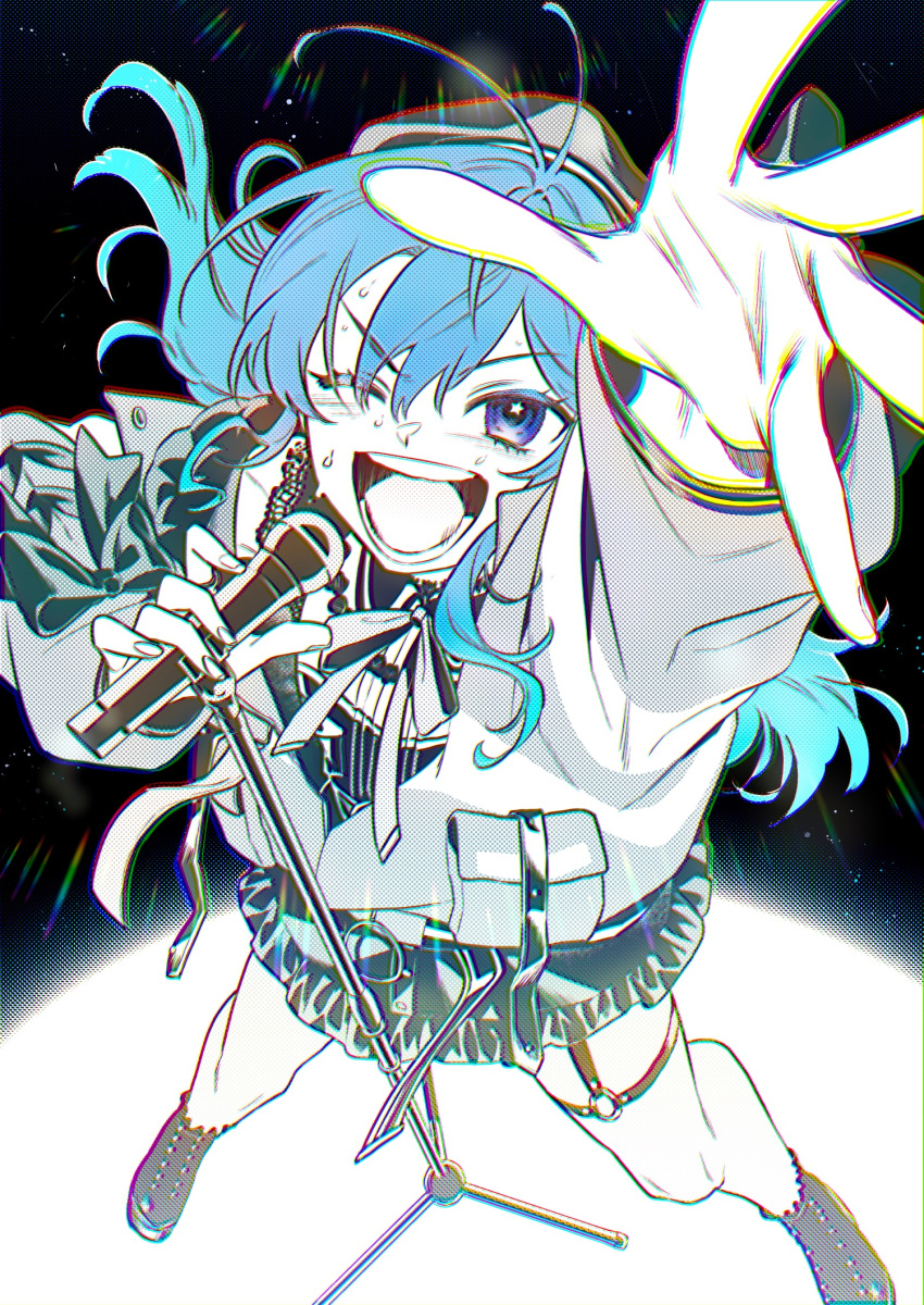 1girl blue_eyes blue_hair boots bow bowtie chromatic_aberration collared_shirt full_body hat highres holding holding_microphone_stand hololive hoshimachi_suisei jacket legs_apart long_hair long_sleeves looking_at_viewer looking_up microphone microphone_stand miniskirt one_eye_closed open_mouth otama_(atama_ohanabatake) outstretched_arms partially_colored reaching reaching_towards_viewer shirt skirt smile solo standing star_(symbol) star_in_eye sweat symbol_in_eye thigh_strap v-shaped_eyebrows virtual_youtuber