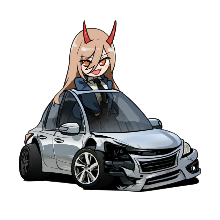 1girl absurdres black_necktie blue_jacket blush car chainsaw_man collared_shirt damaged english_commentary fang hair_between_eyes highres holeecrab horns jacket long_hair looking_at_viewer motor_vehicle necktie nissan nissan_altima open_mouth orange_eyes power_(chainsaw_man) shirt simple_background skin_fang smile solo vehicle_focus white_background white_shirt