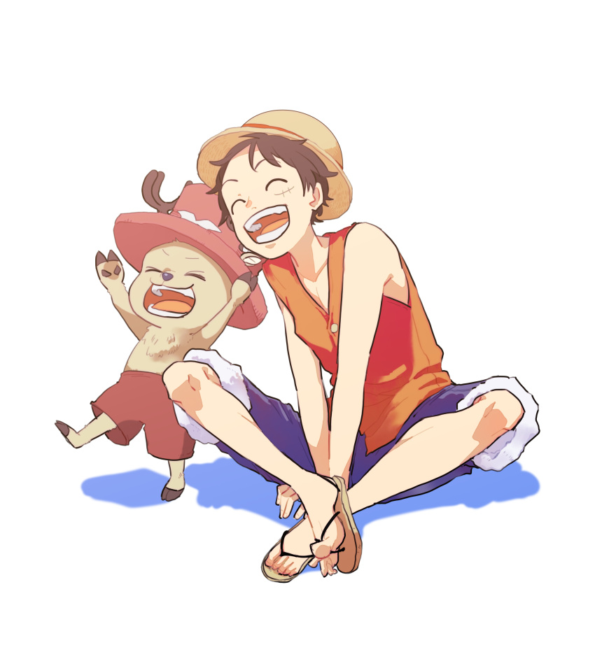 2boys ^_^ absurdres antlers black_hair closed_eyes commentary_request crossed_legs happy hat highres horns male_focus monkey_d._luffy multiple_boys one_piece open_mouth pink_headwear red_shirt reindeer_antlers sandals scar scar_on_face shadow shirt short_hair simple_background sko3o sleeveless sleeveless_shirt solo straw_hat tony_tony_chopper white_background
