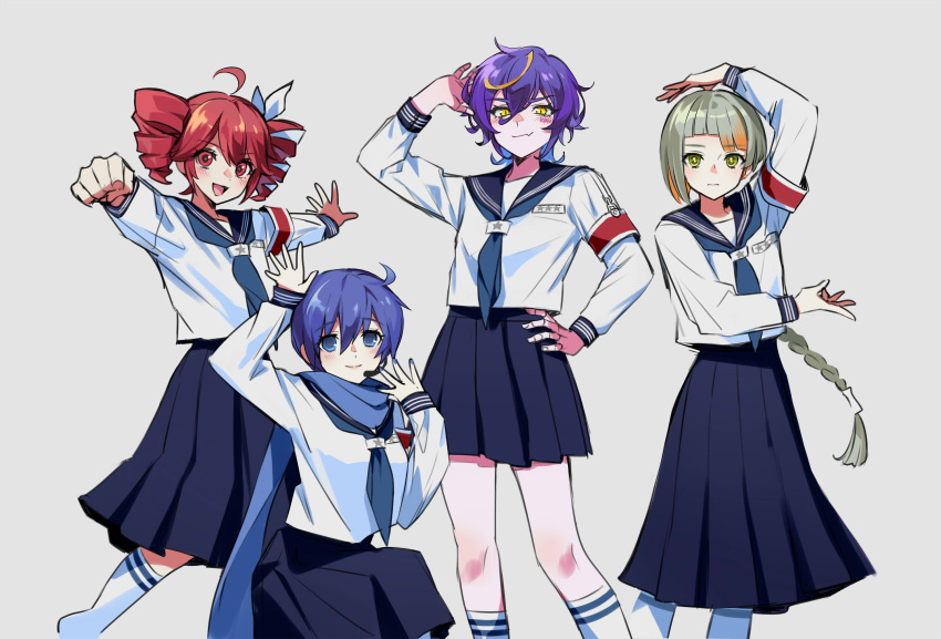 4girls ahoge android arm_over_head arm_up atarashii_gakkou_no_leaders black_sailor_collar black_skirt blonde_hair blue_eyes blue_hair blue_neckerchief blunt_bangs blush braid braided_ponytail breasts chis-a clenched_hand closed_mouth colored_inner_hair cosplay drill_hair earpiece facial_mark fang genderswap genderswap_(mtf) green_eyes grey_hair hair_between_eyes hand_on_own_head hand_on_own_hip hand_up highres joints kaiko kaito_(vocaloid) kasane_teto kasane_teto_(sv) kirune_(voisona) kneehighs kneeling large_breasts long_hair long_skirt long_sleeves looking_at_viewer medium_hair multicolored_hair multiple_girls neckerchief nikorupurumie open_mouth orange_hair otonablue outstretched_arms parody pleated_skirt purple_hair purple_nails red_eyes redhead robot_joints safety_pin sailor_collar school_uniform serafuku serious shirt short_hair simple_background skin_fang skirt smile smirk socks spread_arms standing streaked_hair synthesizer_v twin_drills utau v-shaped_eyebrows vocaloid voisona white_background white_shirt yellow_eyes