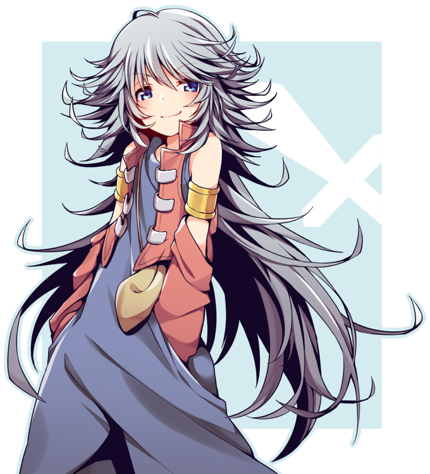 1boy armlet bag bare_shoulders blue_background blue_dress blue_eyes blue_outline border borrowed_character cassis_lumberyard closed_mouth collared_vest commentary_request cowboy_shot detached_sleeves dress grey_hair high_collar highres light_blush long_dress long_hair long_sleeves looking_at_viewer loose_hair_strand magical_vacation male_focus otoko_no_ko outline outside_border partial_commentary red_sleeves red_vest satchel simple_background sleeveless sleeveless_dress smirk solo transparent_border usamata very_long_hair vest yellow_bag