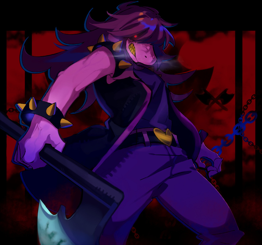 1girl axe belt black_border black_jacket border bracelet breath chain clenched_teeth colored_skin deltarune drag0nia feet_out_of_frame furry furry_female glowing glowing_eye highres holding holding_axe jacket jewelry legs_apart long_hair looking_at_viewer open_mouth outside_border pants pink_skin purple_hair purple_pants purple_shirt red_background red_eyes shaded_face sharp_teeth shirt sleeveless sleeveless_jacket solo spiked_arm spiked_bracelet spikes standing susie_(deltarune) teeth yellow_teeth