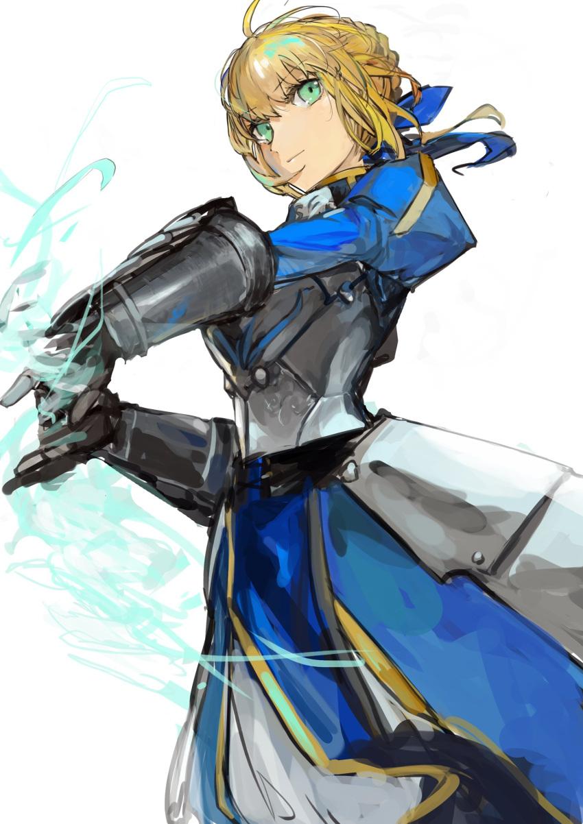 1girl ahoge armor armored_dress artoria_pendragon_(fate) black_corset blonde_hair blue_dress blue_ribbon braid braided_bun breastplate corset cowboy_shot dress fate/stay_night fate_(series) faulds gauntlets gold_trim green_eyes hair_between_eyes hair_bun hair_ribbon highres holding holding_sword holding_weapon invisible_air_(fate) juliet_sleeves light_smile long_sleeves looking_to_the_side pelvic_curtain puffy_sleeves ribbon saber_(fate) simple_background solo sword weapon white_background yorurokujuu