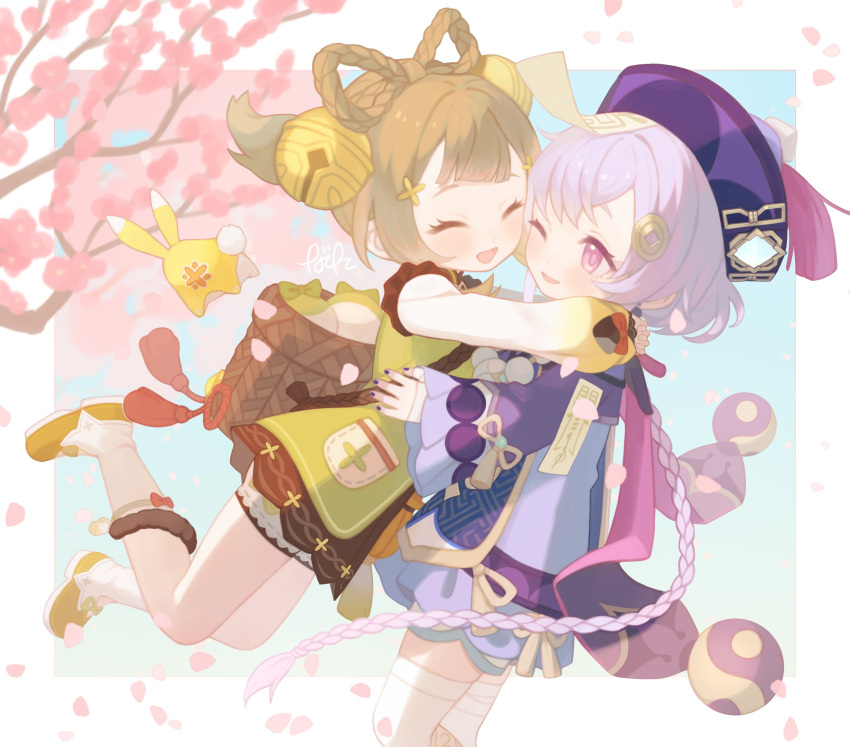 2girls 750x077 arms_around_neck backpack_basket bandaged_hand bandages bead_necklace beads bell black_nails blunt_bangs border bow-shaped_hair braid braided_hair_rings braided_ponytail brown_hair cherry_blossoms coin_hair_ornament dress falling_leaves feet_up genshin_impact glomp green_dress hair_bell hair_ornament hat highres hug jewelry jingle_bell leaf long_hair long_sleeves looking_at_another multiple_girls necklace ofuda ofuda_on_head open_mouth orb purple_dress purple_hair purple_headwear qingdai_guanmao qiqi_(genshin_impact) radish short_hair smile thigh-highs violet_eyes vision_(genshin_impact) white_border white_thighhighs wide_sleeves yaoyao_(genshin_impact) yin_yang yin_yang_orb yuegui_(genshin_impact)