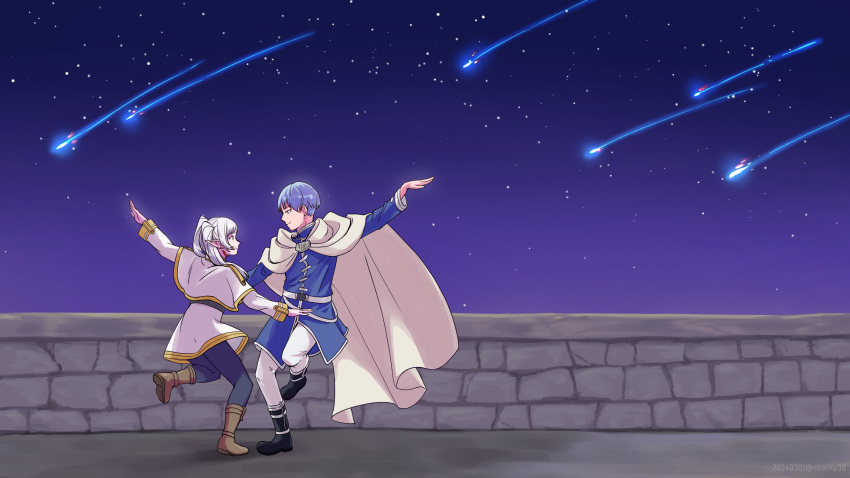 1boy 1girl arm_up black_footwear black_pantyhose blue_hair blue_tunic boots brown_footwear capelet cloak commentary dancing dangle_earrings dress earrings frieren gold_trim highres himmel_(sousou_no_frieren) jewelry la_la_land long_sleeves looking_at_another meteor_shower night night_sky outdoors pants pantyhose parody pointy_ears profile sbarky38 short_hair sky sleeve_cuffs smile sousou_no_frieren standing standing_on_one_leg star_(sky) starry_sky stone_wall twintails white_capelet white_cloak white_dress white_hair white_pants