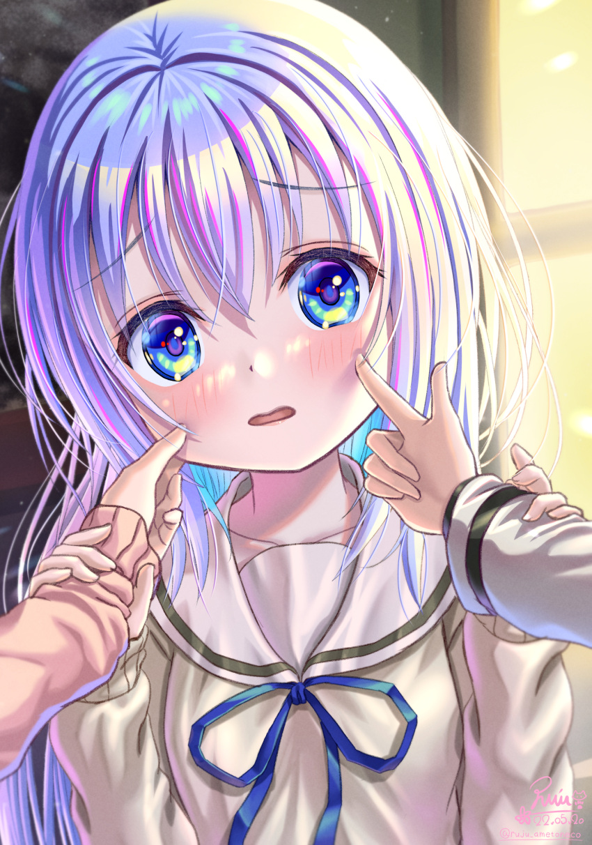 2022 3girls arm_grab blue_eyes blue_hair blue_ribbon blush cheek_poking cheek_squash commentary_request dated eyelashes female_pov frown gochuumon_wa_usagi_desu_ka? grabbing_another's_arm grey_sweater hair_between_eyes hands_up highres hoto_cocoa kafuu_chino long_hair long_sleeves looking_at_viewer multiple_girls open_mouth poking pov pov_hands ribbon rouge_(my_rouge) sailor_collar school_uniform serafuku shy sidelighting sidelocks signature sleeves_past_wrists sweater tareme tedeza_rize twitter_username upper_body wavy_mouth white_sailor_collar