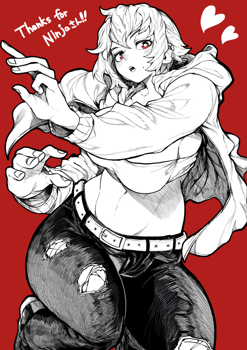 1girl absurdres bandeau belt breasts commission denim greyscale heart highres jacket jeans large_breasts long_sleeves midriff monochrome navel open_mouth original pants red_background red_eyes short_hair simple_background skeb_commission solo spot_color teeth torn_clothes torn_jeans torn_pants yotsumi_shiro