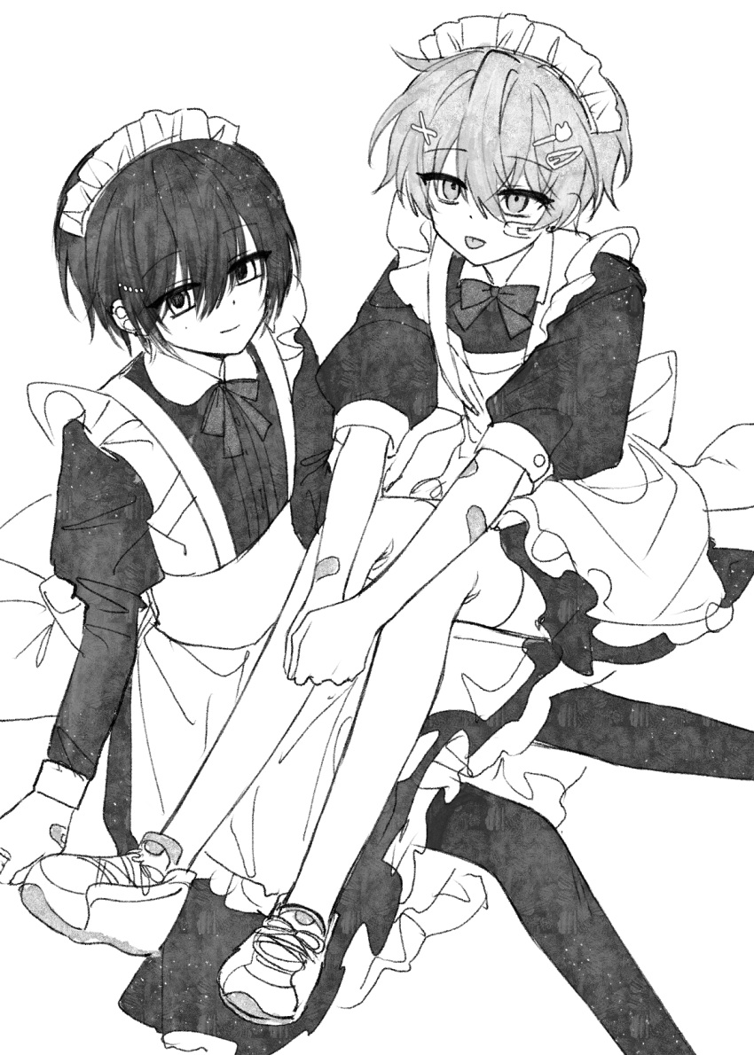 2boys apron bandaid bandaid_on_arm bandaid_on_cheek bandaid_on_face bandaid_on_hand black_bow black_bowtie black_hair black_pantyhose bow bowtie cropped_legs crossdressing full_body grey_hair highres juliet_sleeves long_sleeves looking_at_viewer maid_apron maid_headdress monochrome multiple_boys multiple_hairpins on_floor original own_hands_together pantyhose puffy_sleeves quzie shoes short_hair sitting sitting_on_person smile sneakers thigh-highs tongue tongue_out tsurime white_thighhighs
